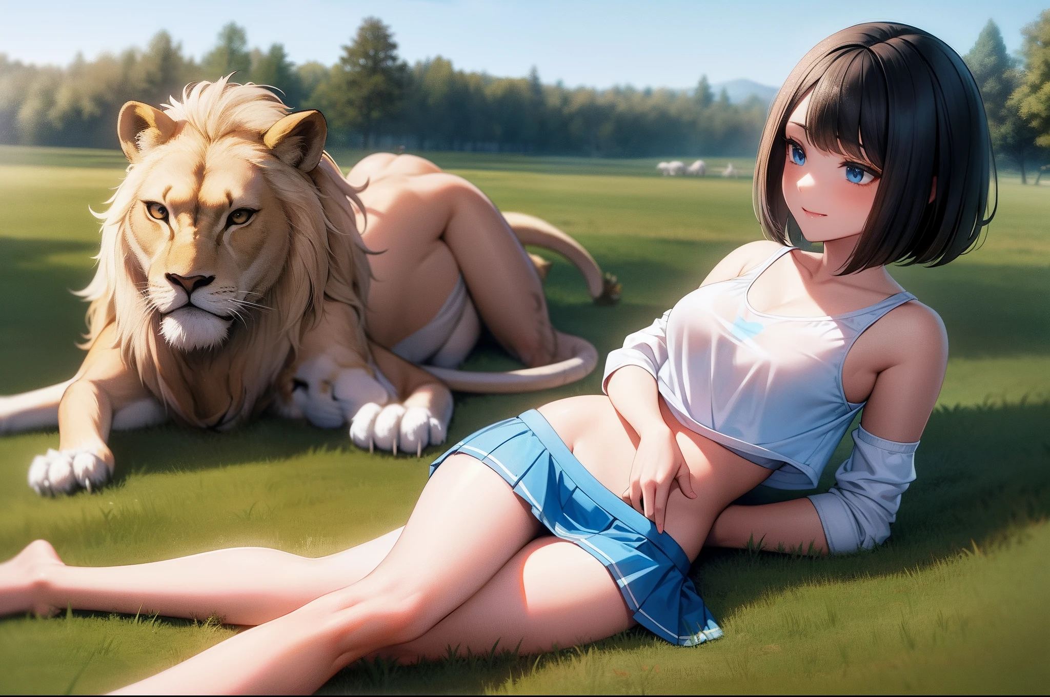 Student girls，Short brunette hair，Deep strong blue eyes，Transparent white pajamas，Particularly short tops，Particularly short skirt，being in the grassland，On barren meadows，the Lion，combats，slaughter，Lions gnaw on school girls，Lion gnaws on the belly of a student girl，Lion gnaws on the thigh of a school girl，Lions eat the meat of student girls。