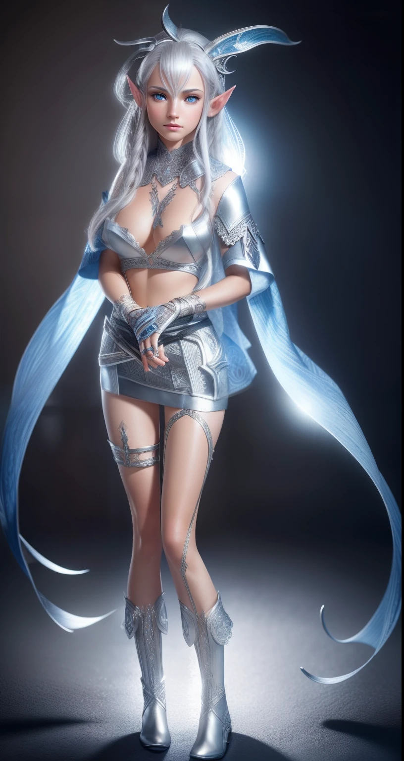 Exquisite details and textures, highly detailed, ultra detailed photograph, warm lighting, 4k, sharp, high resolution, detailed skin, detailed eyes, 8k uhd, high quality, Photorealistic, elf, dark elf, silver hair, blue skin hue