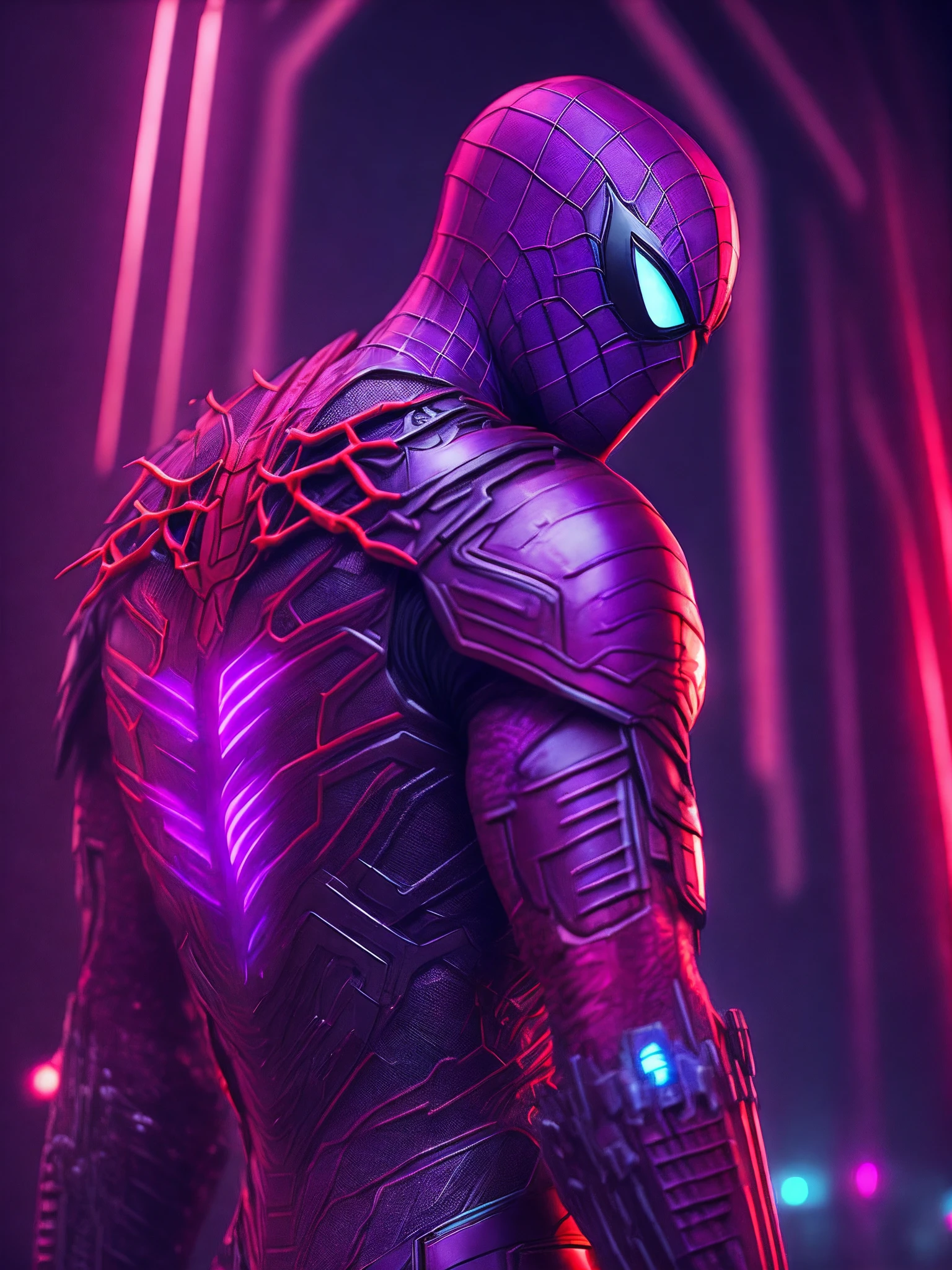 мрачный портрет Killer Spider-Man (The whole suit is covered in blood, torn suit pieces) da Marvel, with intricate and angular cybernetic implants inside a brutalist building, Gothic brutalist cathedral, Cyberpunk, Foto premiada, Bokeh, neon lights, Membro 4K Cyber cor  roxo