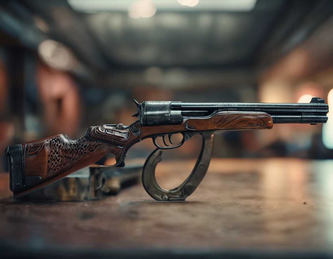 Best quality, Masterpiece, 超高分辨率, (photograph realistic:1.4), 8K,surrealism, Dream-like, (A gun:1.5),(A shotgun hangs on the wall:1.2), Display counter, (closeup cleavage:0.8)
