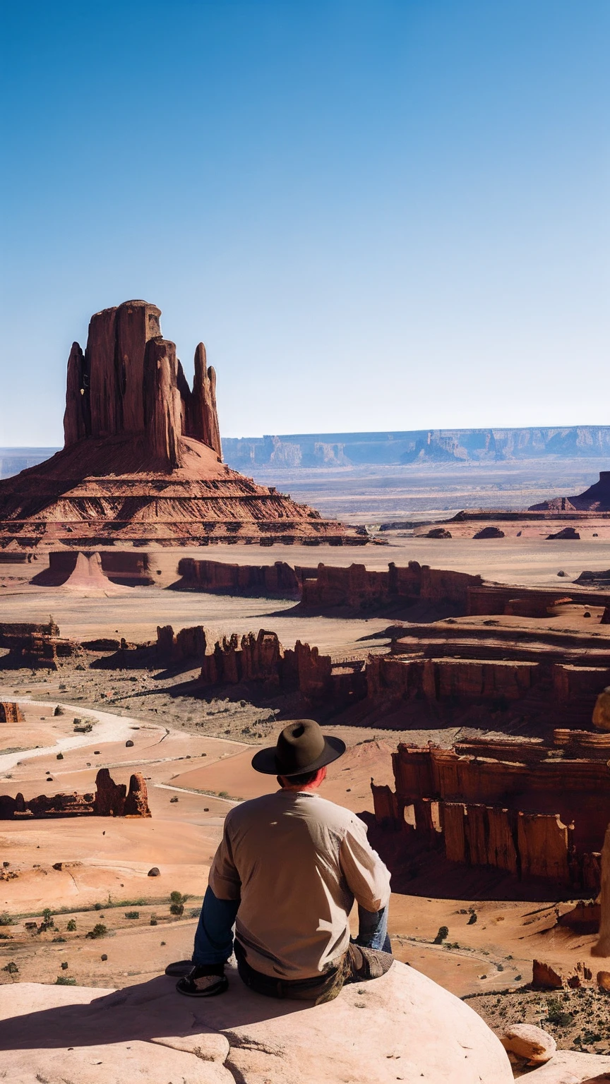 There was a man sitting on a rock,Looking out over the valley, ancient epic tower in the desert, top of a canyon, Towering over the landscape, tall stone spires, photo of shiprock, Chiseled formations, canyon background, moab, ancient ruins under the desert, tall spires, the planet is warm with canyons