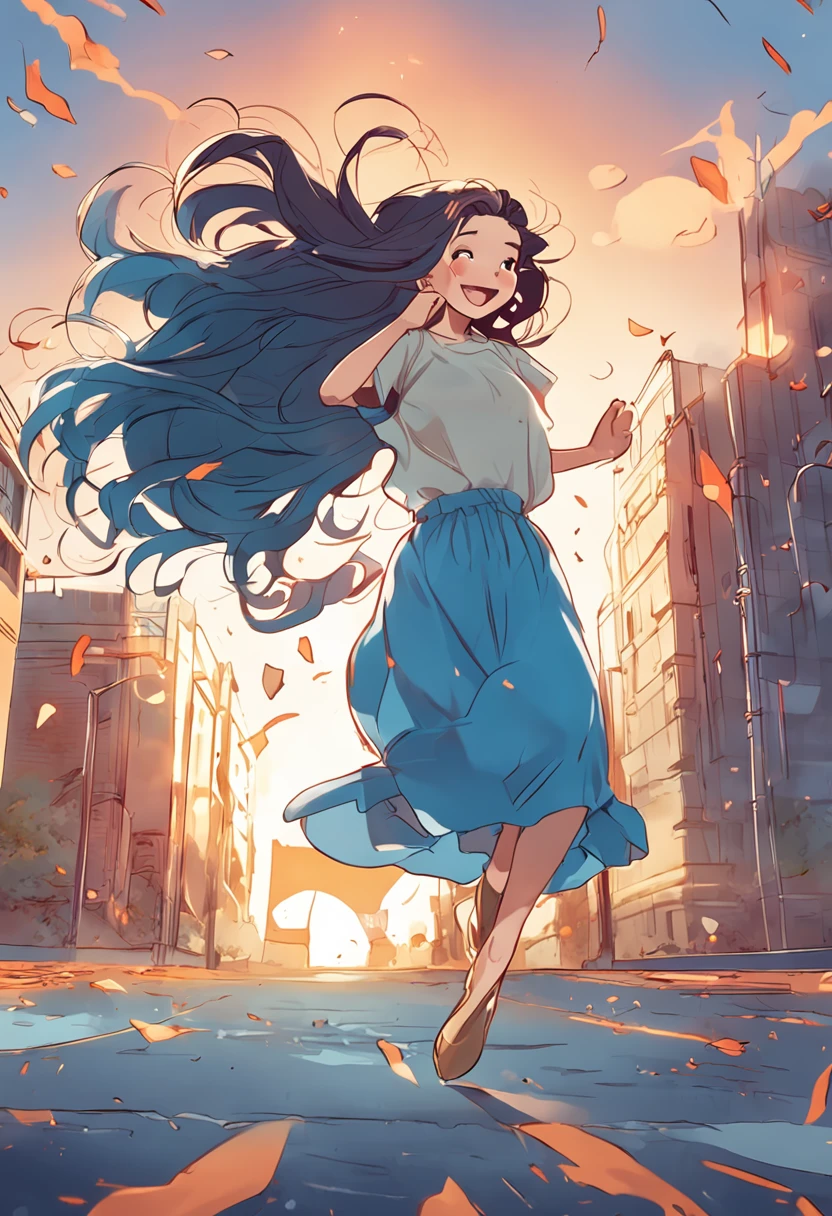 cute girl sunshine jump front full body long skirt blue long hair laugh sky