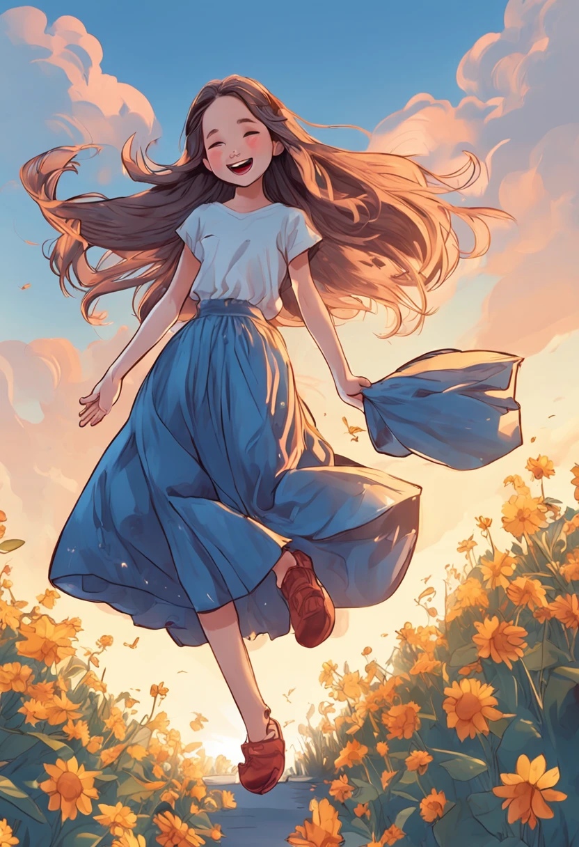cute girl sunshine jump front full body long skirt blue long hair laugh sky