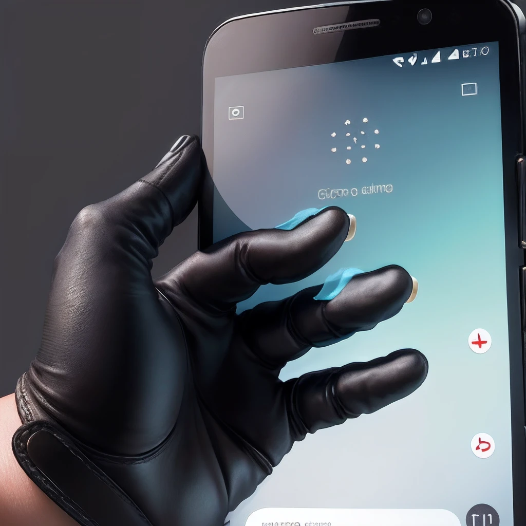 Visualize leather gloves gracefully emerging from the screen of a smartphone, as if they were being gently unfurled and extended into the physical space. The gloves could materialize with a smooth, seamless motion, maintaining their elegant form as they transition from digital to tangible reality.
