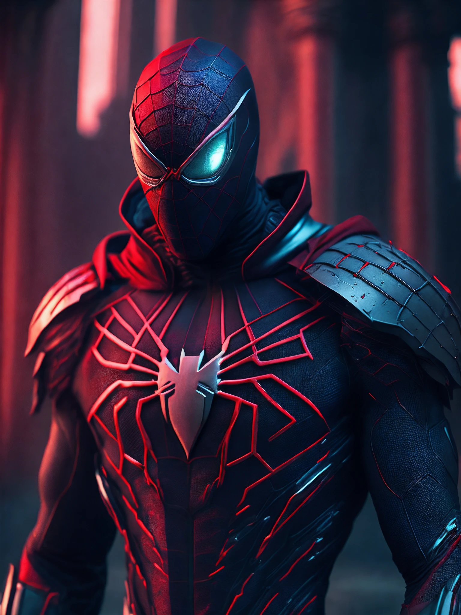 мрачный портрет Killer Spider-Man (The whole suit is covered in blood, torn suit pieces) da Marvel, with intricate and angular cybernetic implants inside a brutalist building, Gothic brutalist cathedral, Cyberpunk, Foto premiada, Bokeh, neon lights, Membro 4K Cyber ,color is clothes and green