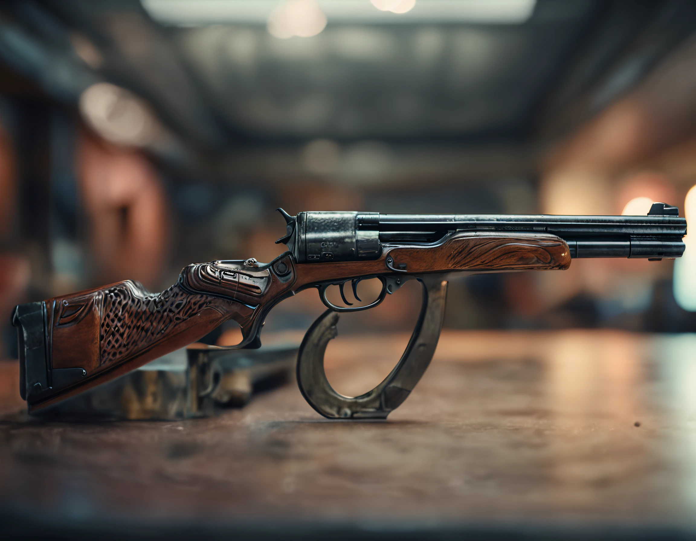 Best quality, Masterpiece, 超高分辨率, (photograph realistic:1.4), 8K,surrealism, Dream-like, (A gun:1.5),(A shotgun hangs on the wall:1.2), Display counter, (closeup cleavage:0.8)