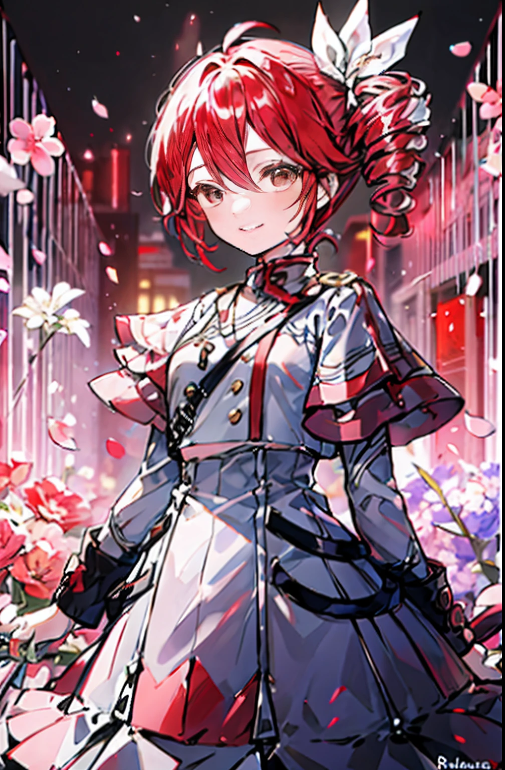 (masterpiece)、Anime girl with red hair and city bow, top-quality、illustratio、Extremely high quality、high-level image quality、Extremely sensitive writing)Girl with long silver hair standing in beautiful flowery garden、A slight smile、She has a large bouquet、Cute national costume style dress with ruffles on the shoulders、Hair fluttering in the wind