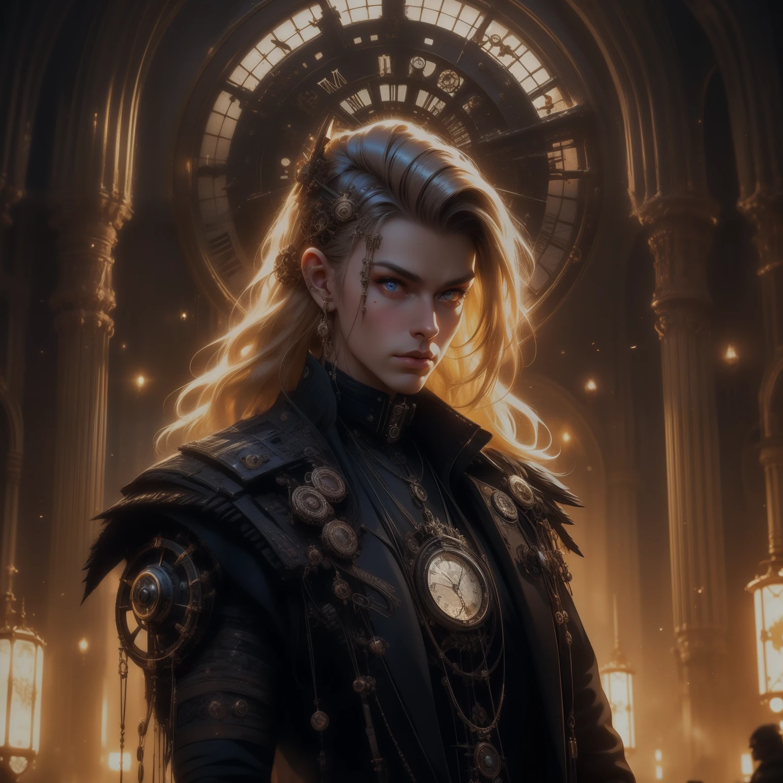 film grain, high quality, warm colors, colorful, OverallDetail, volumetric lighting, backlight, rim light, 1 girl, adult (elven:0.7) woman, yellow eyes, blonde razor cut hair, Style-GravityMagic, solo, (full body:0.6), looking at viewer, detailed background, detailed face, (steampunkai, steampunk theme:1.1) (time sorcerer:1.1), timeless, endless space, circular patterns, clock, clockwork, clock gears, sands of time, energy, dynamic pose, light aura, cosmic space in background, epic atmosphere