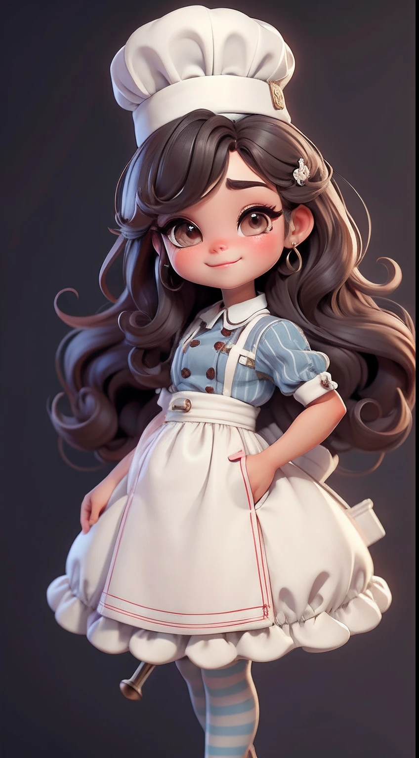 Create a series of cute baby chibi style dolls with a cute pastry chef theme, each with lots of detail and in an 8K resolution. All dolls should follow the same solid background pattern and be complete in the image, mostrando o (corpo inteiro, incluindo as pernas: 1.5)

Boneca Mini Chef: Chame-a de Marina. Ela deve ter cabelo pequeno em tom preto marrom. Seus olhos devem ser grandes e expressivos, with long eyelashes and rosy cheeks. Sorriso delicado e branco. Sophie deve estar vestida com uma jaqueta de chef, striped pants and an ornate chef's hat. She must hold a chocolate brigadier in her hands. Certifique-se de adicionar detalhes nas roupas, such as buttons and pockets, sapato bonito

Certifique-se de adicionar sombras, texturas e detalhes nos cabelos, roupas, confectionery utensils, to make them even more adorable and charming.