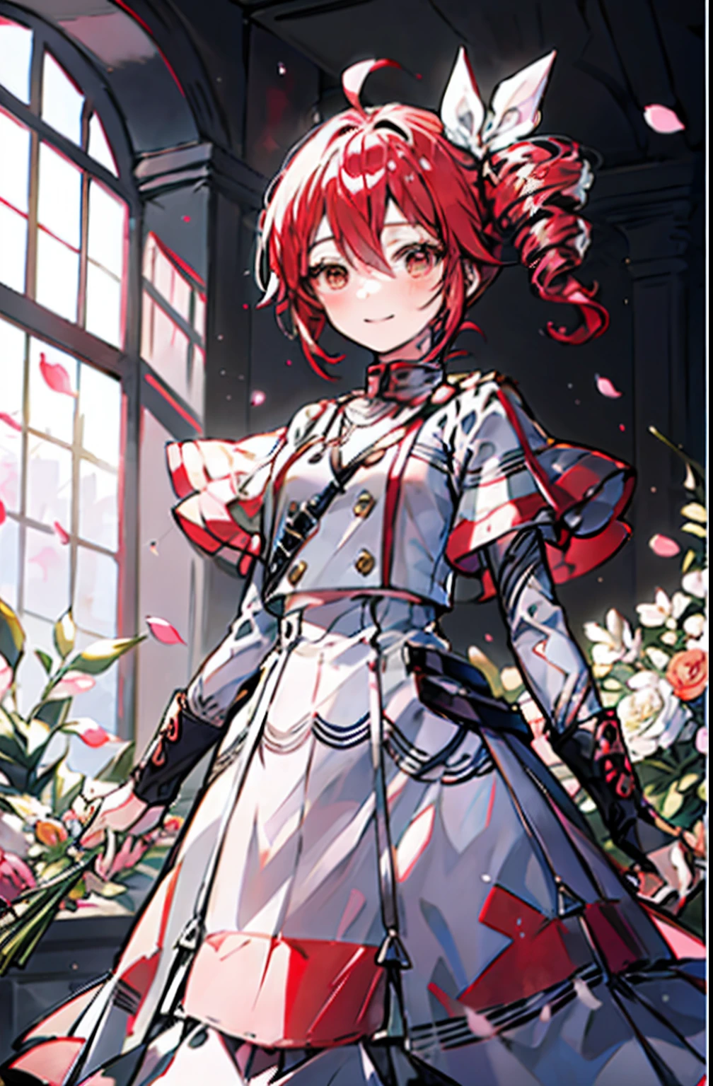 (masterpiece)、Anime girl with red hair and city bow, top-quality、illustratio、Extremely high quality、high-level image quality、Extremely sensitive writing)Girl with long silver hair standing in beautiful flowery garden、A slight smile、She has a large bouquet、Cute national costume style dress with ruffles on the shoulders、Hair fluttering in the wind