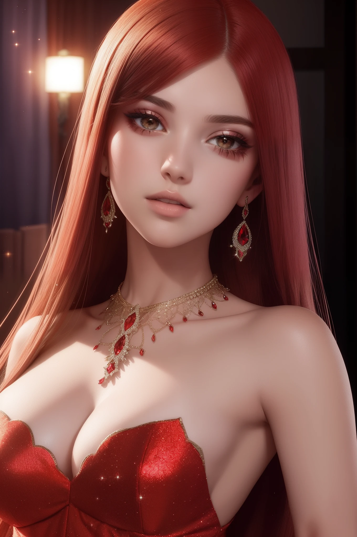 Top of her dress is red with some sparkle on it