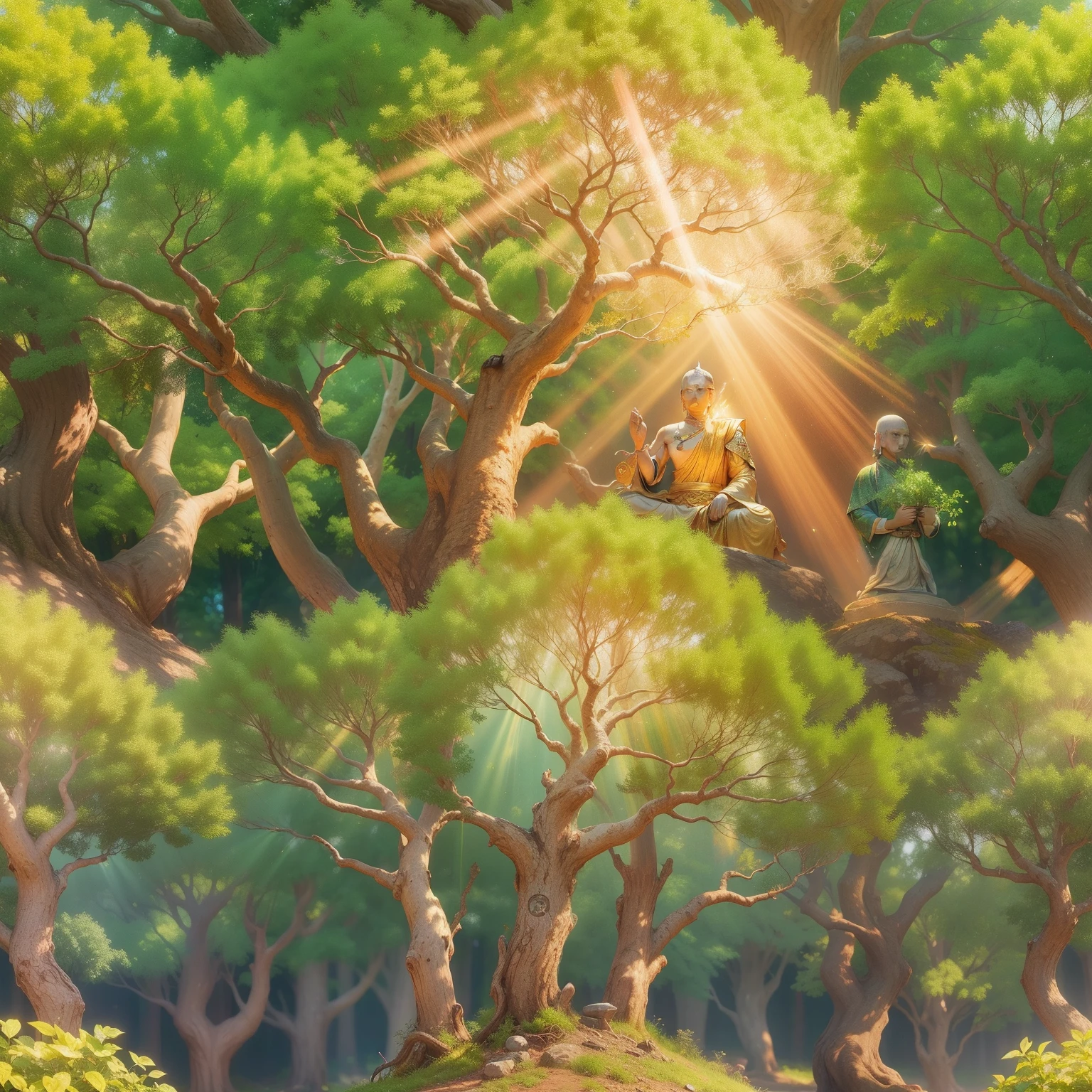 linden trees, Buddhist symbols, Iridescent iridescent colors, There is a golden aura around him,、A very bright divine light is pouring down from the sky, high-definition picture, High detail and photorealistic style. Images at 300 dpi or higher, UHD 8K