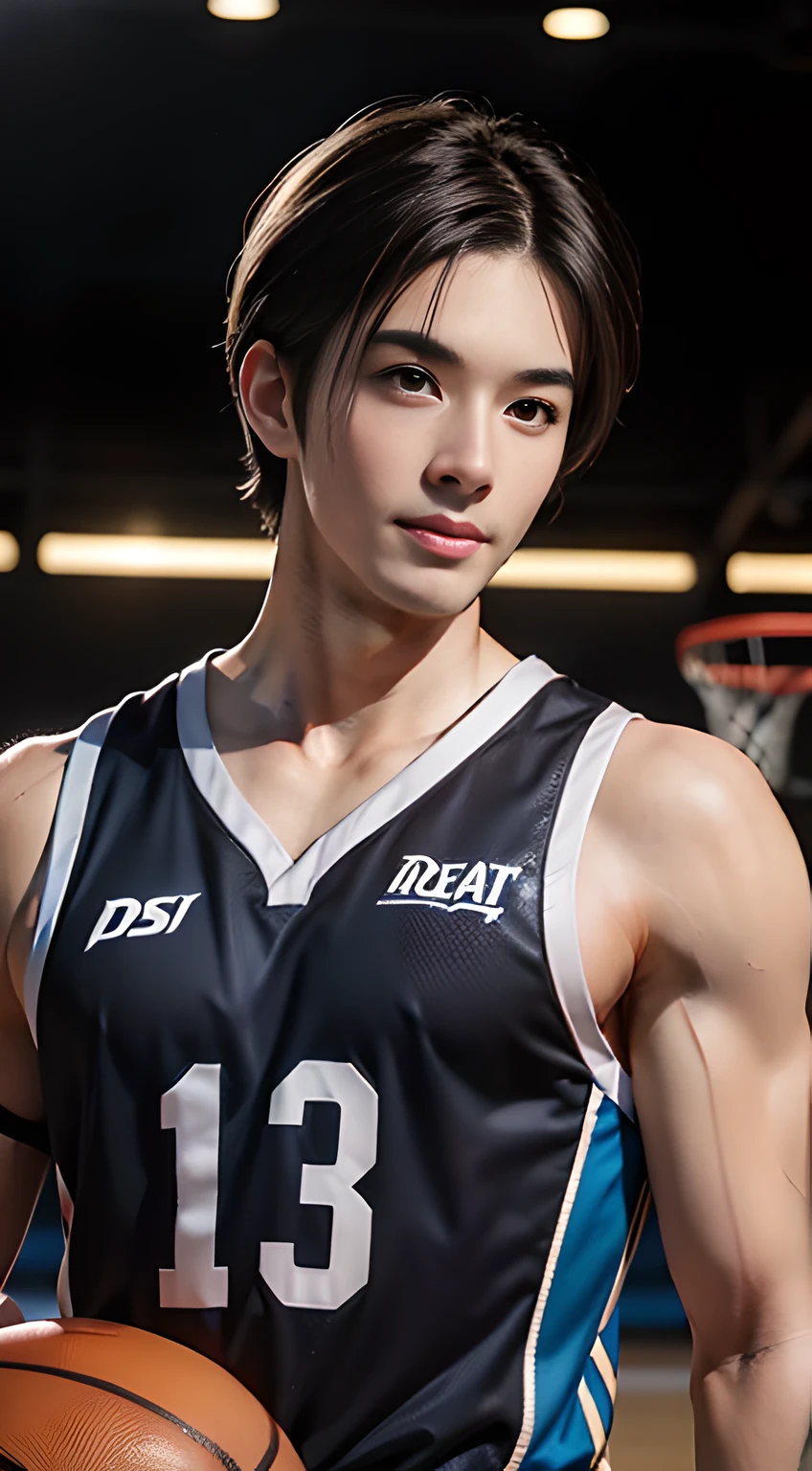 ((Men only)), (head shot), ((showing his abs)), (Handsome muscle man in his 20s), (male basketball player), (basket ball), (in basketball court), (Leon Kennedy), (smile), (detaile: 1 in 1), Natural muscles, HIG quality, beautidful eyes, (Detailed face and eyes), (Face、: 1 / 2), Noise, Real Photographics、... ..................................................................................................................PSD, Sharp Focus, High resolution 8K, realisitic & Professional Photography, 8K UHD, Soft lighting, High quality, Film grain, FujifilmXT3