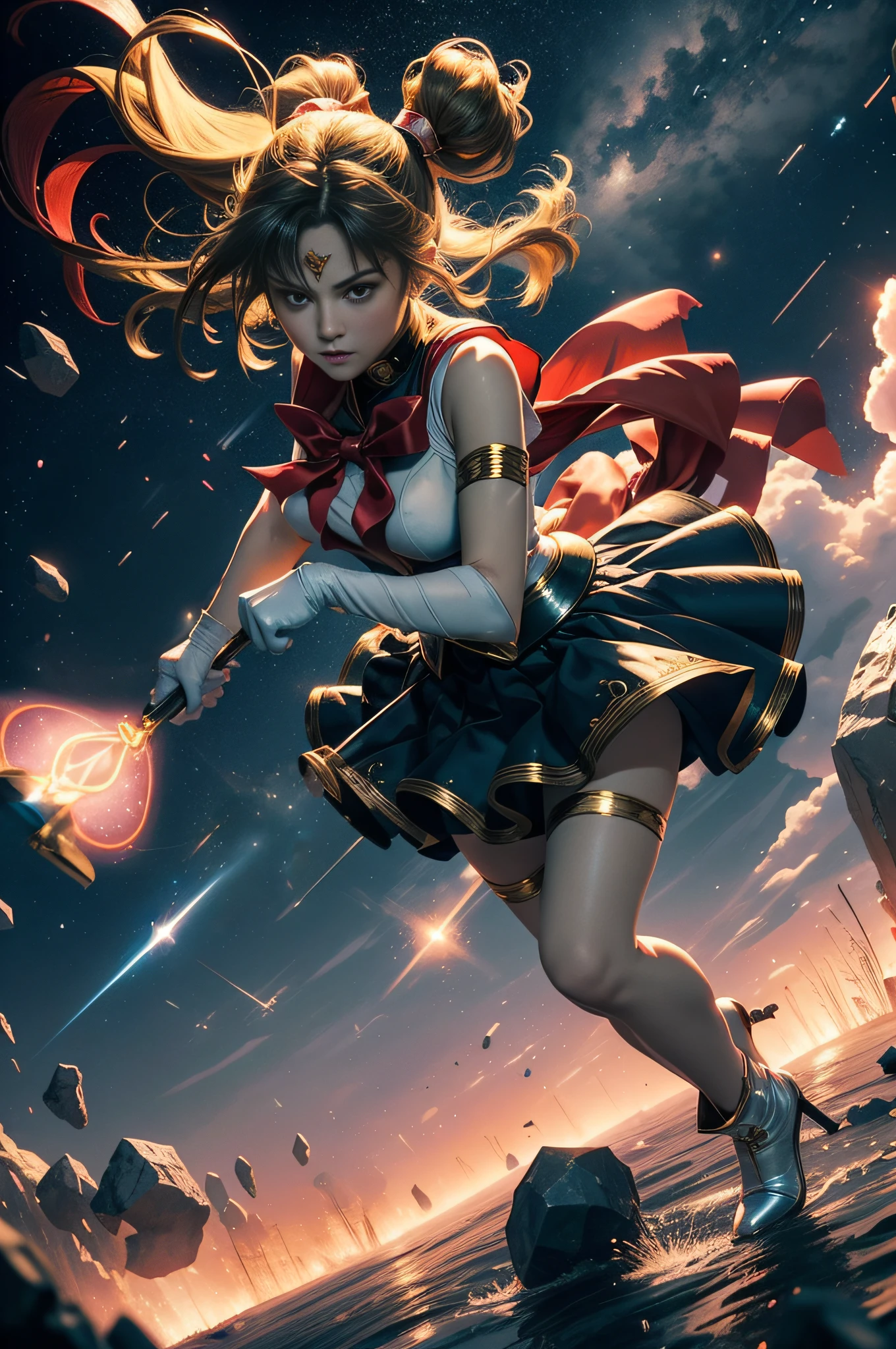 Arti modern anime. angled view, closeup action portrait beautiful mature "Sailor moon" as an mature 30 year old adult lady, fighting a shadow monster, rough battle fight scene, long blonde pigtails, magic transforming scene, holding a magical and powerful heart sceptre, leaning forward, slim body, highly ornamented and detailed "glitter crystal clothing details", ("blue skirt"), ("red chest bow"), ("white gloves"), angle, "knee high heel boots", depth of field blur effect, night, photorealistic. cinematic lighting, highly detailed. best quality, 4k, Better hand, perfect anatomy, aggressive coy flirty focused expression, flat chested, highly ornamented clothing, fight battle pose, surrounded by star dust sparkling around her, red ribbons spinning around body, bright light from forehead, stars in the background, bend knees, magic powerful light glowing from body, magical ribbons, turning, face sitting angle, stepping, in Tokyo city as a battlefield war zone