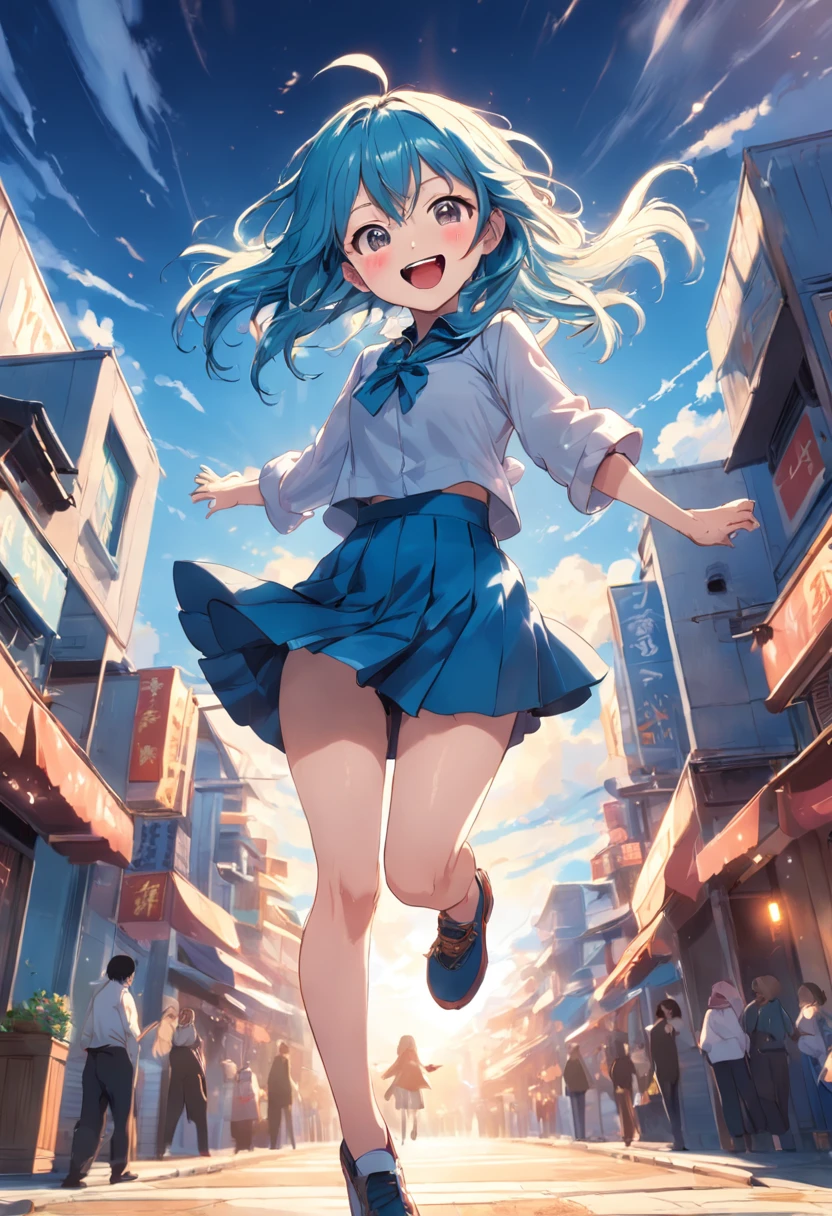 Lively and cute girl sunshine jumping front full body short skirt blue long hair laughing sky