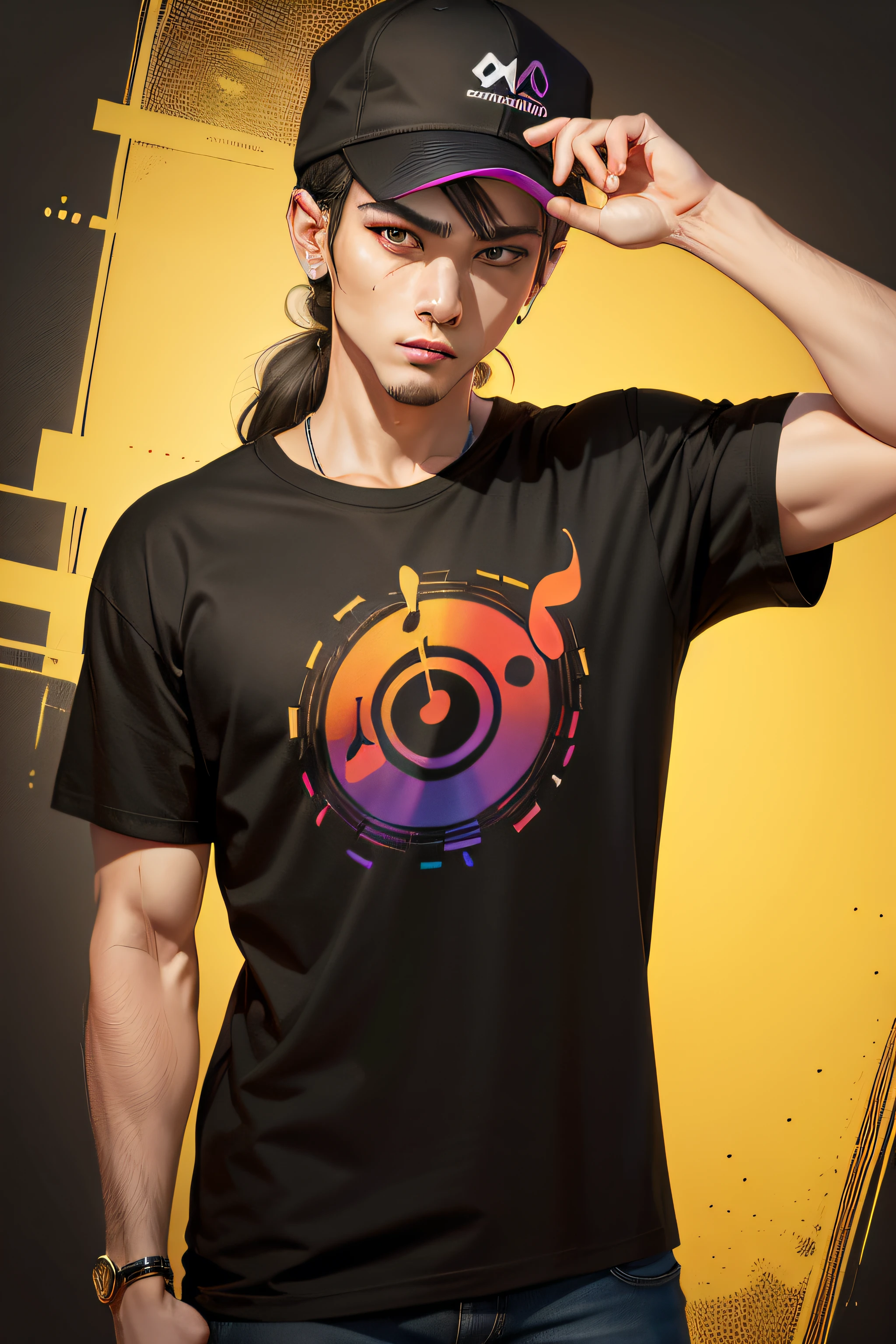 a black shirt with a music note on it, tshirt design, t-shirt design, t - shirt design, t shirt design, logo art, shirt design, tee shirt graphic, multicolored tshirt art, graphic musicality, a tshirt. blender art, silk screen 4k, gold black and rainbow colors