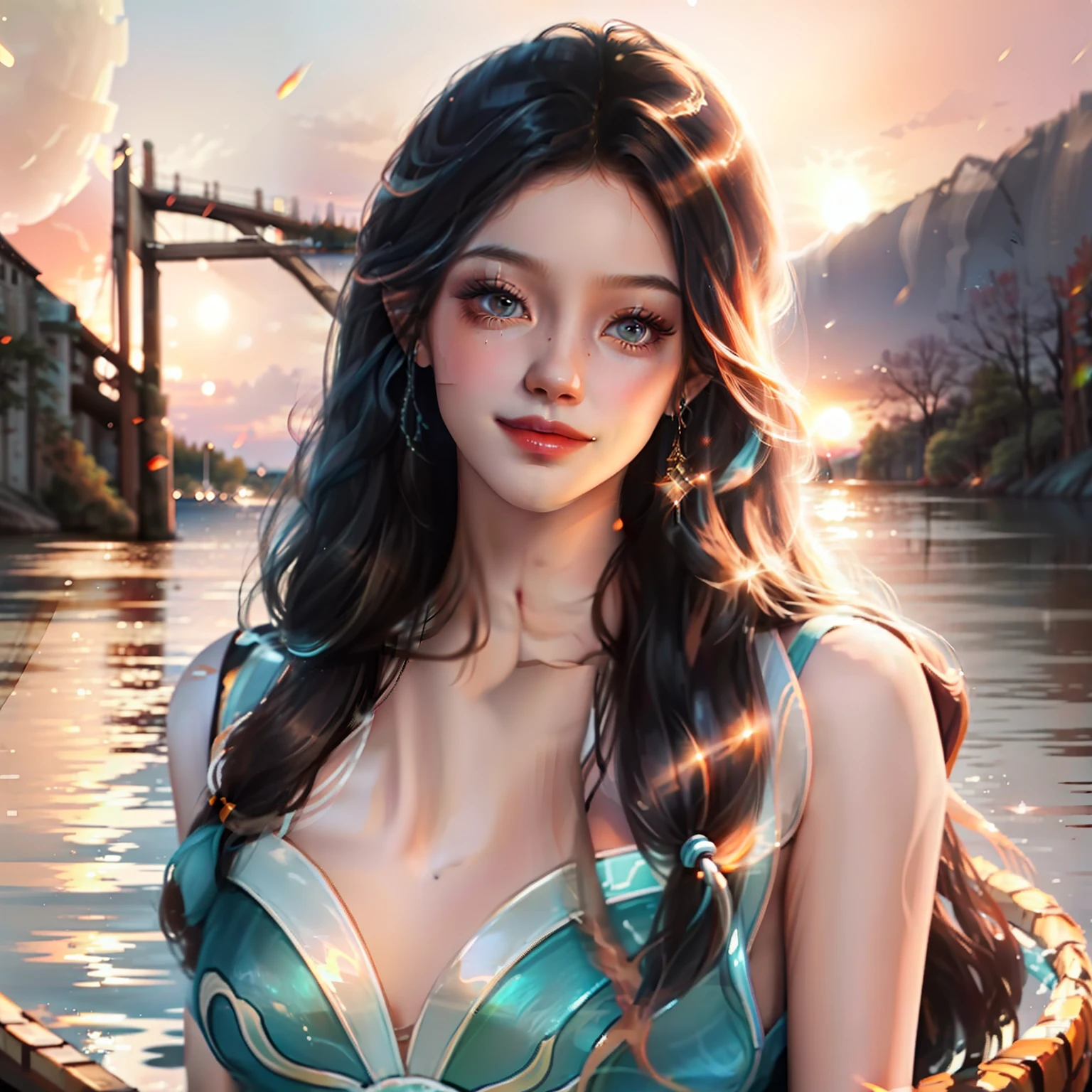 The lake moves at sunset，A beautiful young girl，Dressed in a light cyan long dress，The face is beautiful，extremely beautiful，breathtaking beauty，Has fair skin，Good-looking autumn water long eyes，Always smiling lips，tall nose bridge，Long black hair