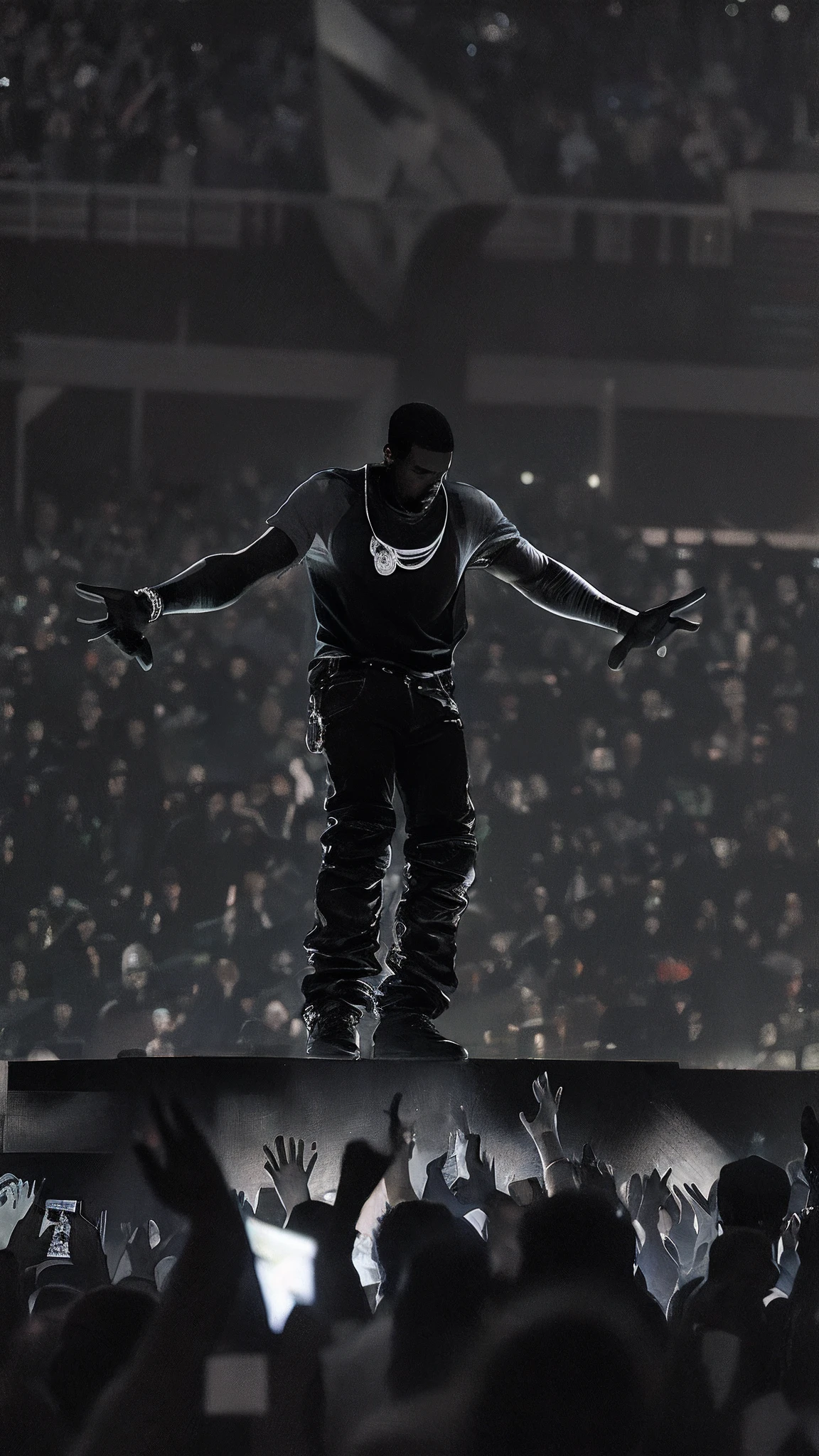 Arafed man on a stage with arms outstretched out, TRAVIS SCOTT, pato, Kanye, Executar, Yeezus, aesthetic shot, Kendrick Lamar, Kanye Oeste, HQ 4K papel de parede do telefone, Kayne Oeste, Pronta, papel de parede do telefone, papel de parede de alta qualidade, unreleased, dark dance photography aesthetic, silhueta, silhueta!!!, no palco, GRIME