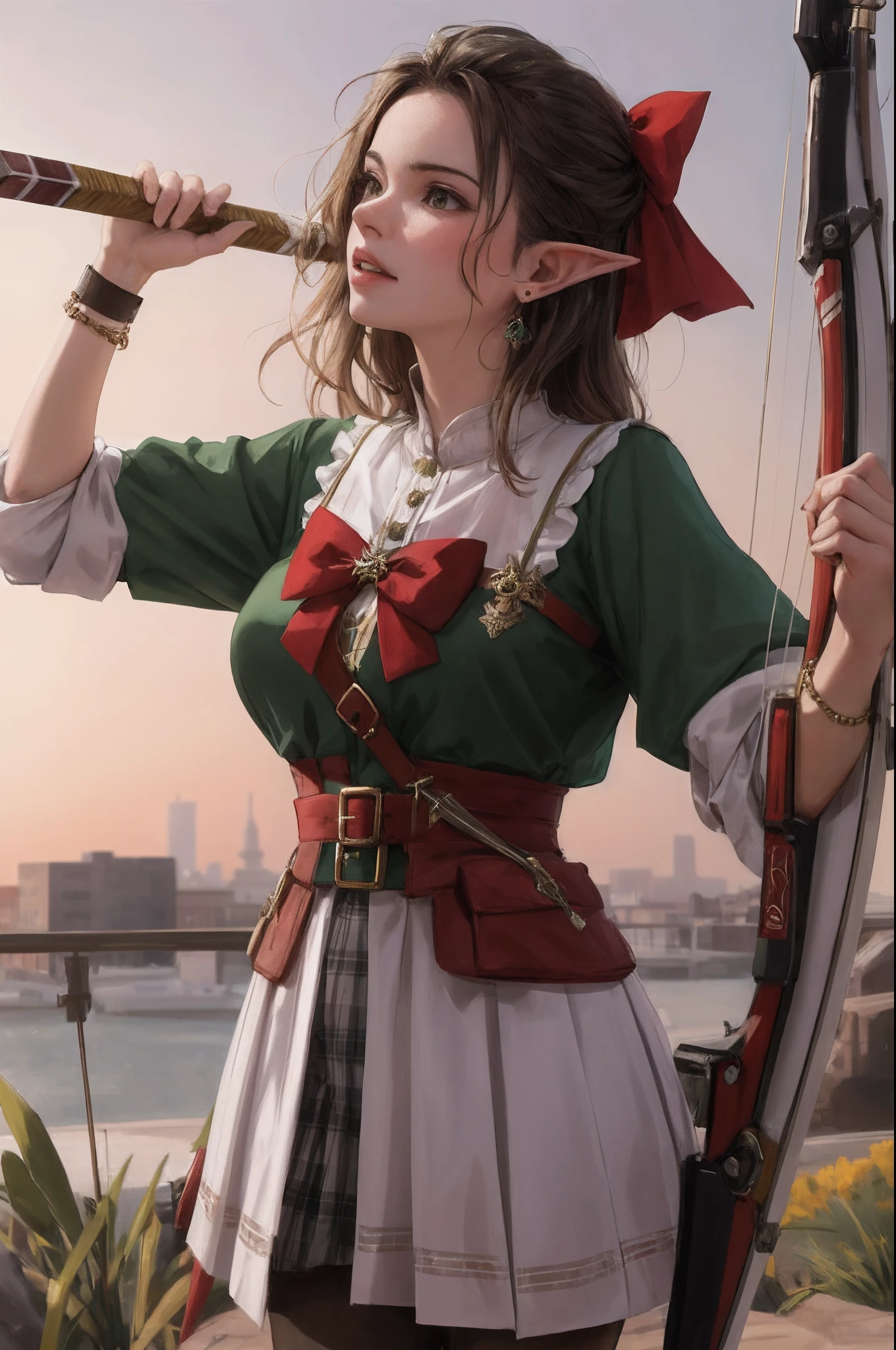 Cute elf girl. Daisy Ridley. Earrings. Ranger clothing. Bow and arrow