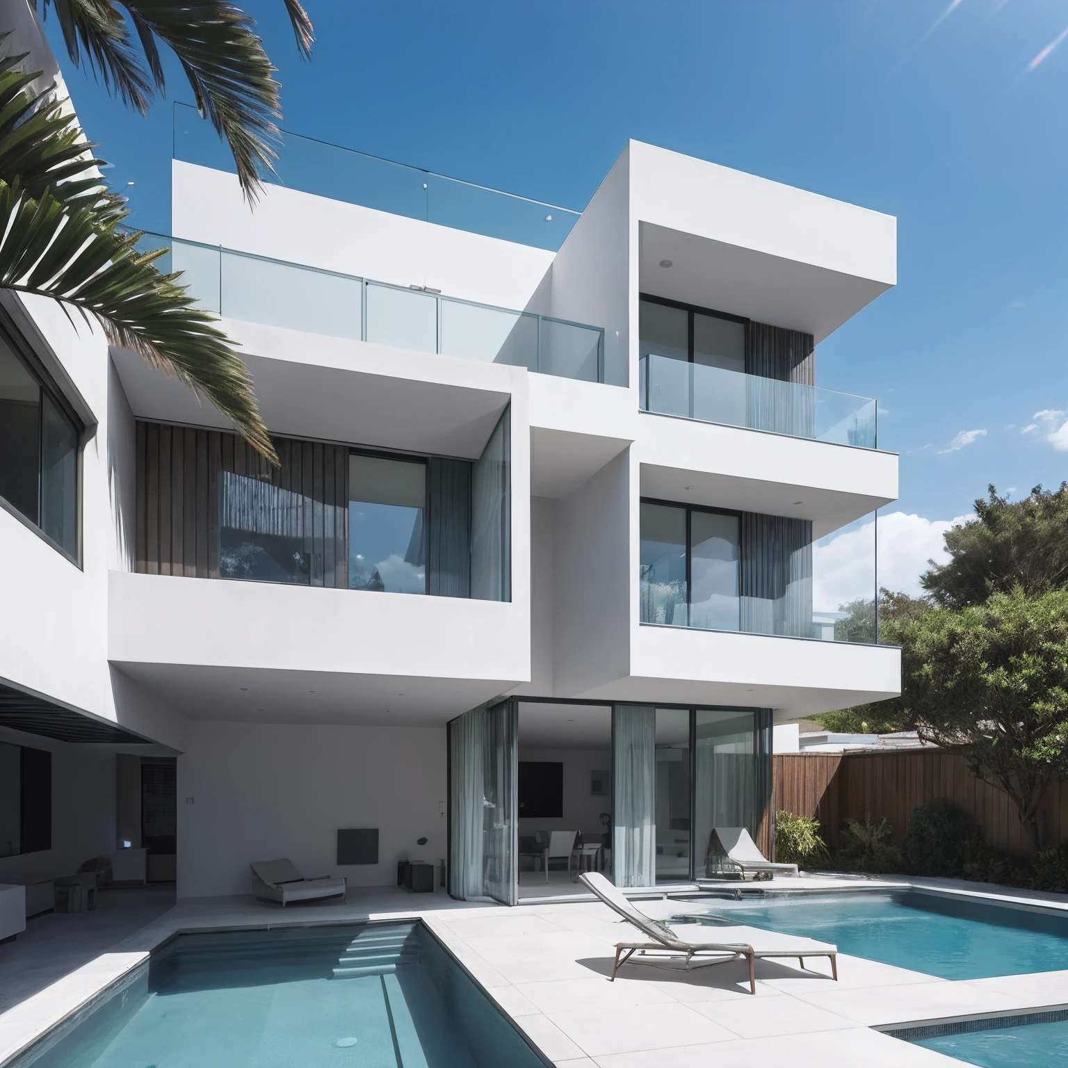 A house with a futuristic technological touch,Exterior 2-storey building, paredes em concreto escuro, piscina,modern architectural style, fotografia hiperdetalhada,bulidagem,intrincado,sombreamento, HighDynamicRange,dynamic lighting, fotorrealista, luz suave natural, H baixo, tmasterpiece, detalhado 8k,It's super many details,Large floor-to-ceiling glass,A combination of technology and natural environment,Tem um look super legal,