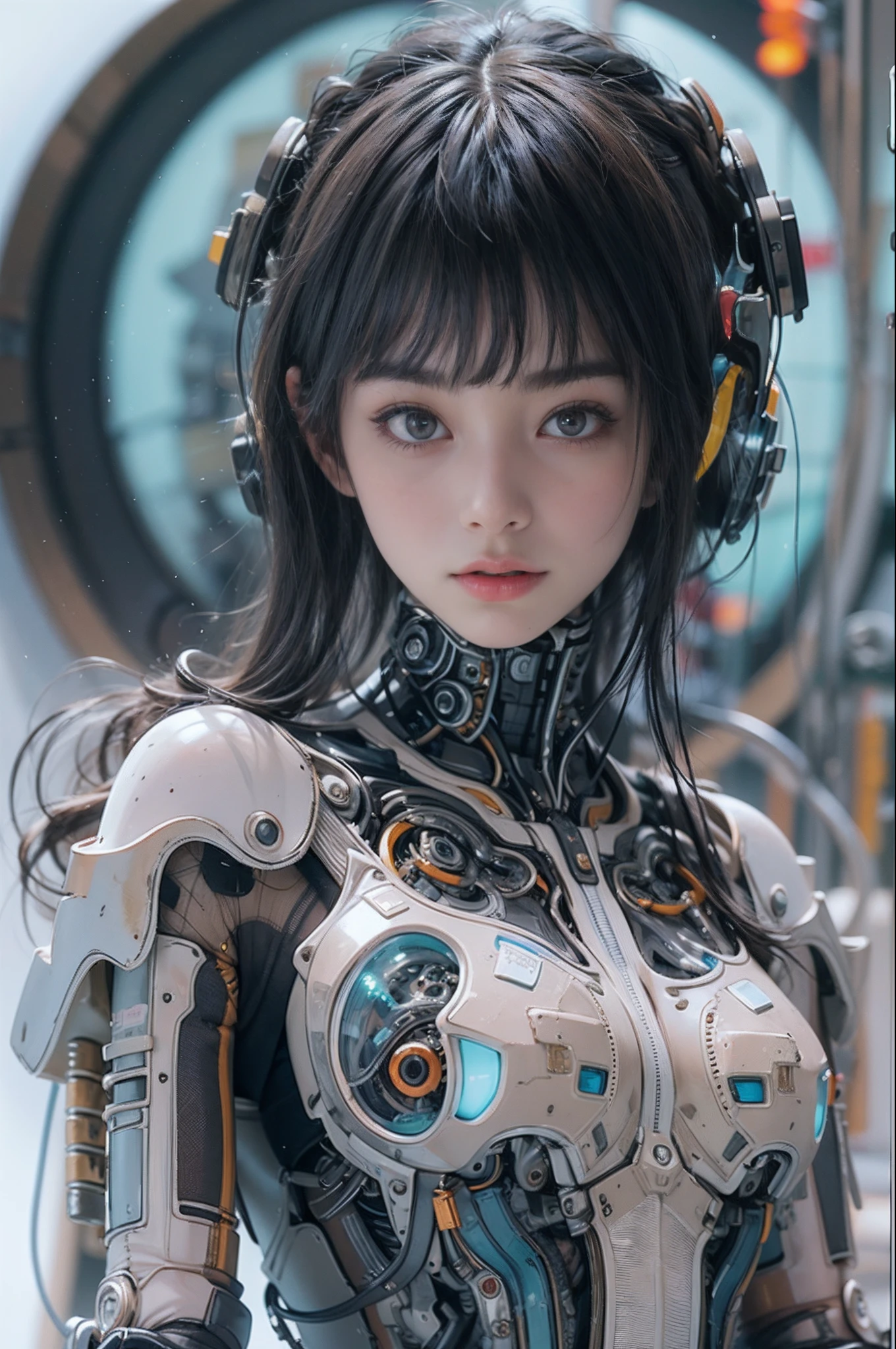 of the highest quality, masutepiece, Ultra High Resolution, ((Photorealistic: 1.4), Raw photo, 1 Cyberpunk Android Girl, Glossy skin, (super realistic details)), Mechanical limbs, Tubes connected to mechanical parts, Mechanical vertebrae attached to the spine, Mechanical cervical attachment to the neck, Wires and cables connecting to the head, Evangelion, ((Ghost in the Shell)), Small glowing LED lamp, global lighting, Deep Shadows, Octane Rendering, 8K, ultrasharp, Metal, Intricate decoration details, Baroque style details, high intricate detailed, Realistic light, Trends in CG, Facing the camera, neon details, (android factory on background), Art by H.r. Giger and Alphonse Mucha.  、Highly photorealistic human beings、Perfectly round pupils、More on the amazing pupil iris、White teenage girl、Slightly baby-faced、a small face、Very human skin feel、ﾘｱﾙAreola、ﾘｱﾙ、fissure、A ****************、full body Esbian、7headed body、with round face、