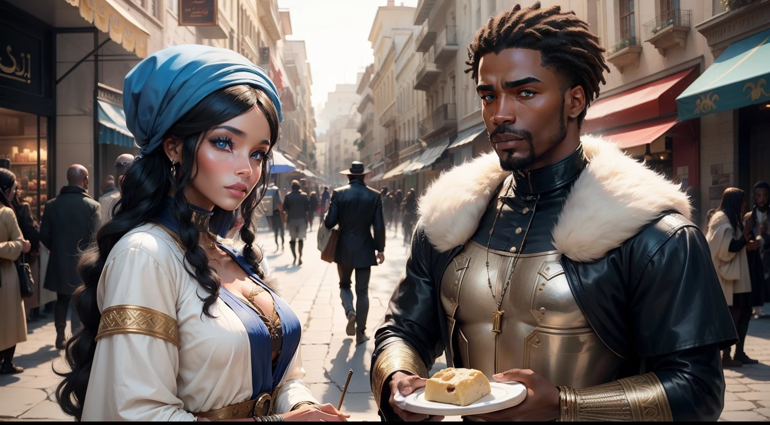 a blue-eyed black man and woman from ancient Mesopotamia trading furs and cheese on the street wearing clothes from biblical times