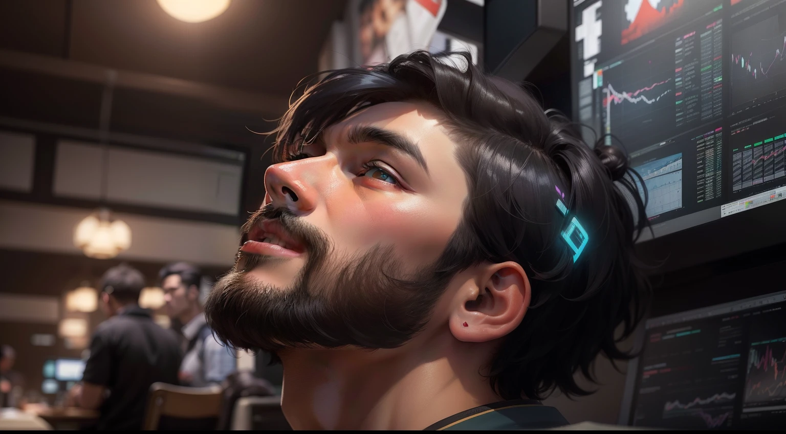 (Digital Painting)、(top-quality)、male people、Man sitting in front of big chart screen、Looking back at this、Monitor charts、Chart forex、Man is operating computer mouse、Huge forex charts and index charts behind、Graph showing price movement、championship、trader、Currency chart monitoring、FX、exchange、Ukiyo-e Art Style、Hokusai's inspiration、Popular deviant art、8K Ultra Real、Pastel Color Schemes、vibrancy、A slight smil