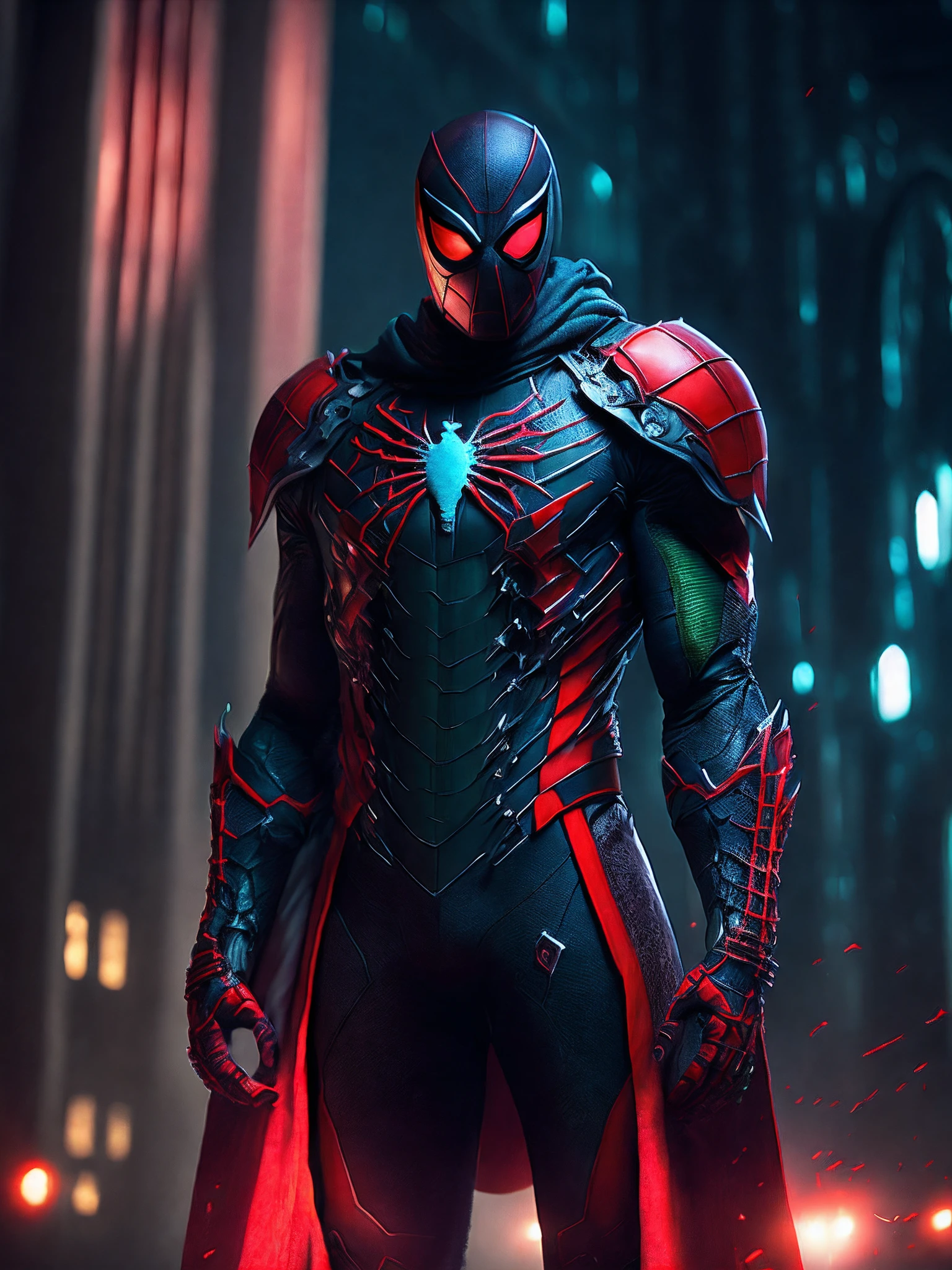 мрачный портрет Killer Spider-Man (The whole suit is covered in blood, torn suit pieces) da Marvel, with intricate and angular cybernetic implants inside a brutalist building, Gothic brutalist cathedral, Cyberpunk, Foto premiada, Bokeh, neon lights, Membro 4K Cyber ,roupa e verde
