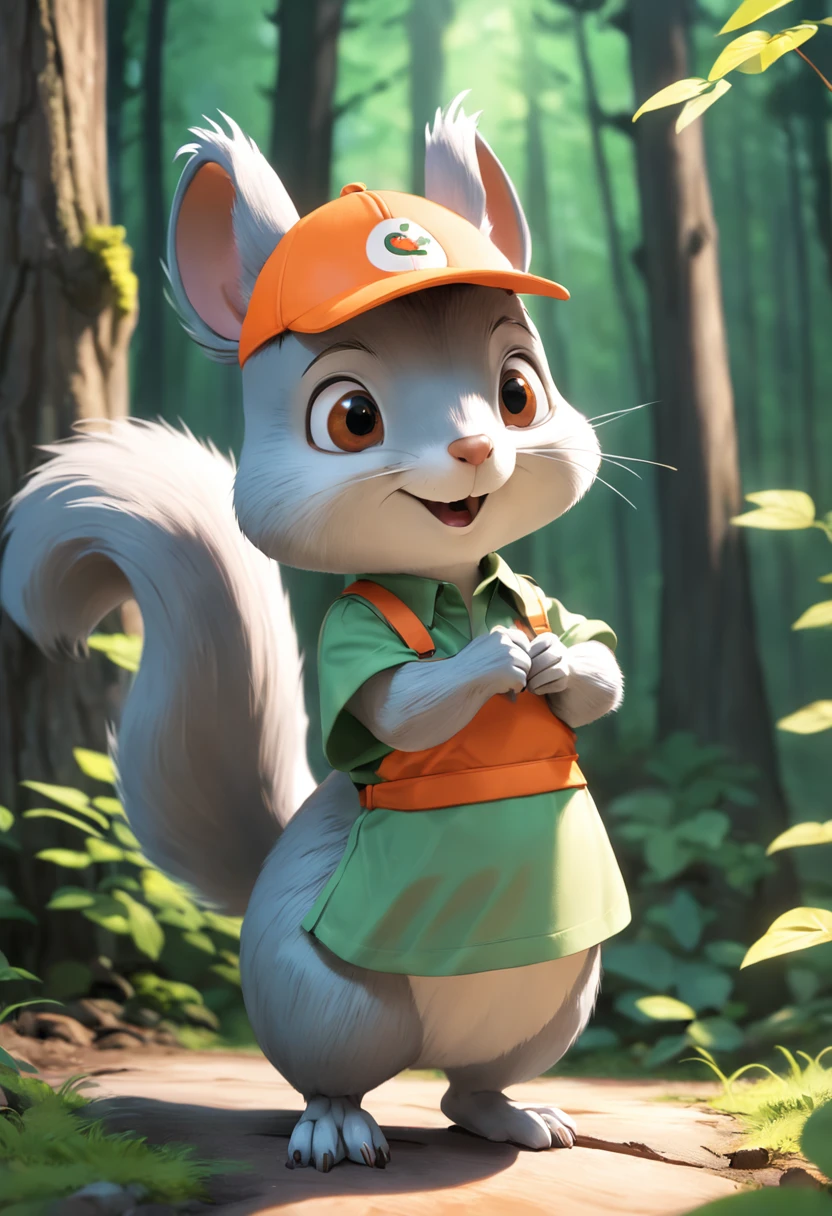 Plastic light sensor，Caricature of gray squirrel in green apron and orange shirt, Gray squirrel，Cute cartoon character, cartoon shading, Cute characters, cute forest creature, Cartoon style, a cartoon illustration, Disney, 。.3D, 。.3D, Escultura,，Disney，Disney。