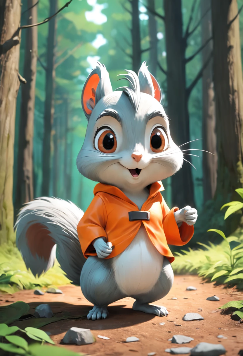 Plastic light sensor,Caricature of gray squirrel in green apron and orange shirt, Gray squirrel,Cute cartoon character, cartoon shading, Cute characters, cute forest creature, Cartoon style, a cartoon illustration, Disney, 。.3D, 。.3D, Escultura,,Disney,Disney。