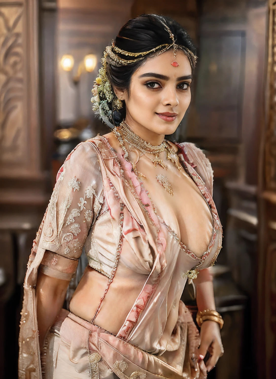 photo of a beautiful colorful_girl_v2, wearing (saree), (sexy jawline:1.2), (blush, blemishes:0.9), (goosebumps:0.5), (extremely intricate:1.2), (photorealistic:1.4), (extremely delicate), (ultra realistic:1.3), full face, gentle smile, absurdres, highres, ultra detailed, looking into camera, photograph, (indian girl), (massive breast:2.0), ((slim, skinny:1.3)), oval jaw, delicate features, beautiful face, hourglass body shape, beautiful, masterpiece, remarkable color, ultra-realistic, textured skin, iridescent eyes, remarkable detailed pupils, sexy, massive boobs, perfect ass, realistic dull skin noise, visible skin detail, skin fuzz, dry skin, gravure pose(showing clevage), (upper body:1.5), with husband, intricate background, side_view, from side, soft natural lighting, ray tracing, subsurface scattering, golden ratio, shot on Leica T, RAW candid cinema, 85mm portrait lens, Fujicolor pro film, Saree,