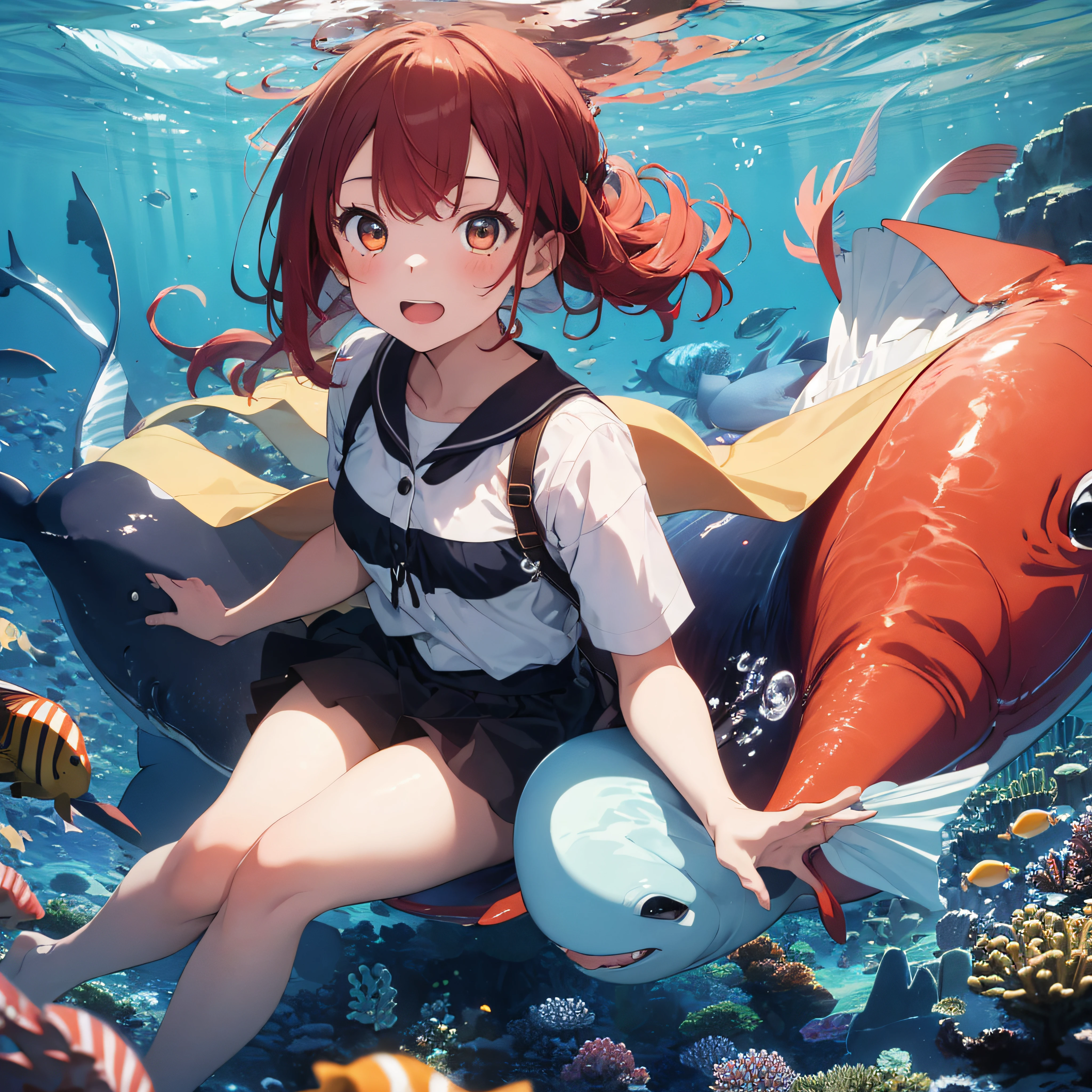 ((best quality)), ((masterpiece)), 1girl, whale, under the sea, full body, rainbow bubbles, foams, sea creatures, red hair , gold eyes.