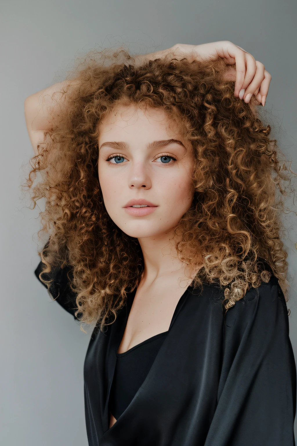 there is a woman with curly hair posing for a picture, curly blonde hair | d & d, curly haired, with textured hair and skin, pale skin curly blond hair, portrait of a beautiful model, medium portrait top light, curly afro, her face framed with curls, frizzy hair, short curly blonde haired girl, curly blond, curly middle part haircut