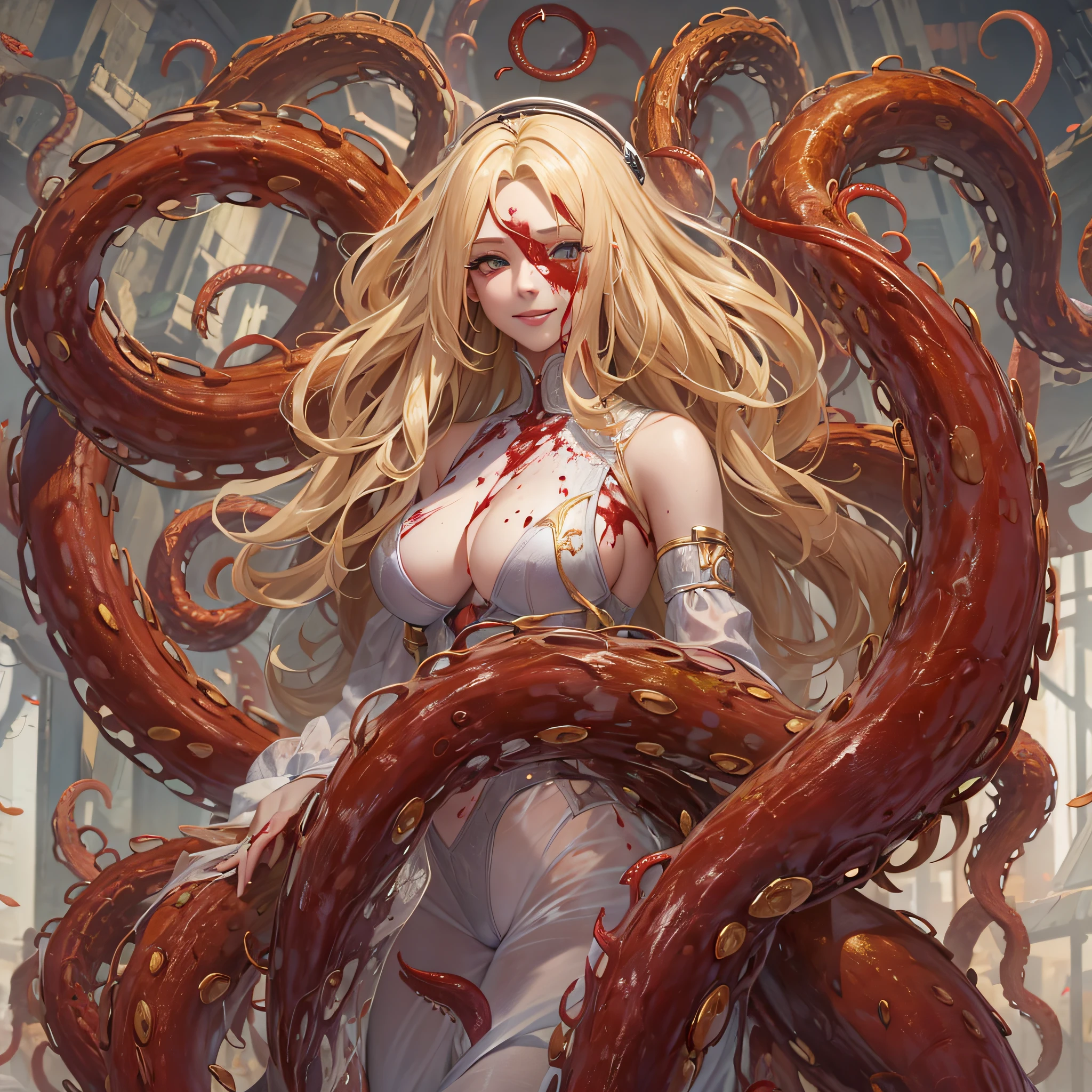 Blonde beauty with tentacles growing from her back，6 tentacles，4 are people caught，Tear off one person with two remaining，Woman smiling，D-cups，Luxury，doress，Blood Rain，Bloody，Blood pools，Masterpiece，high-detail，perfect-composition，face perfect，perfect bodies，the golden ratio，8K