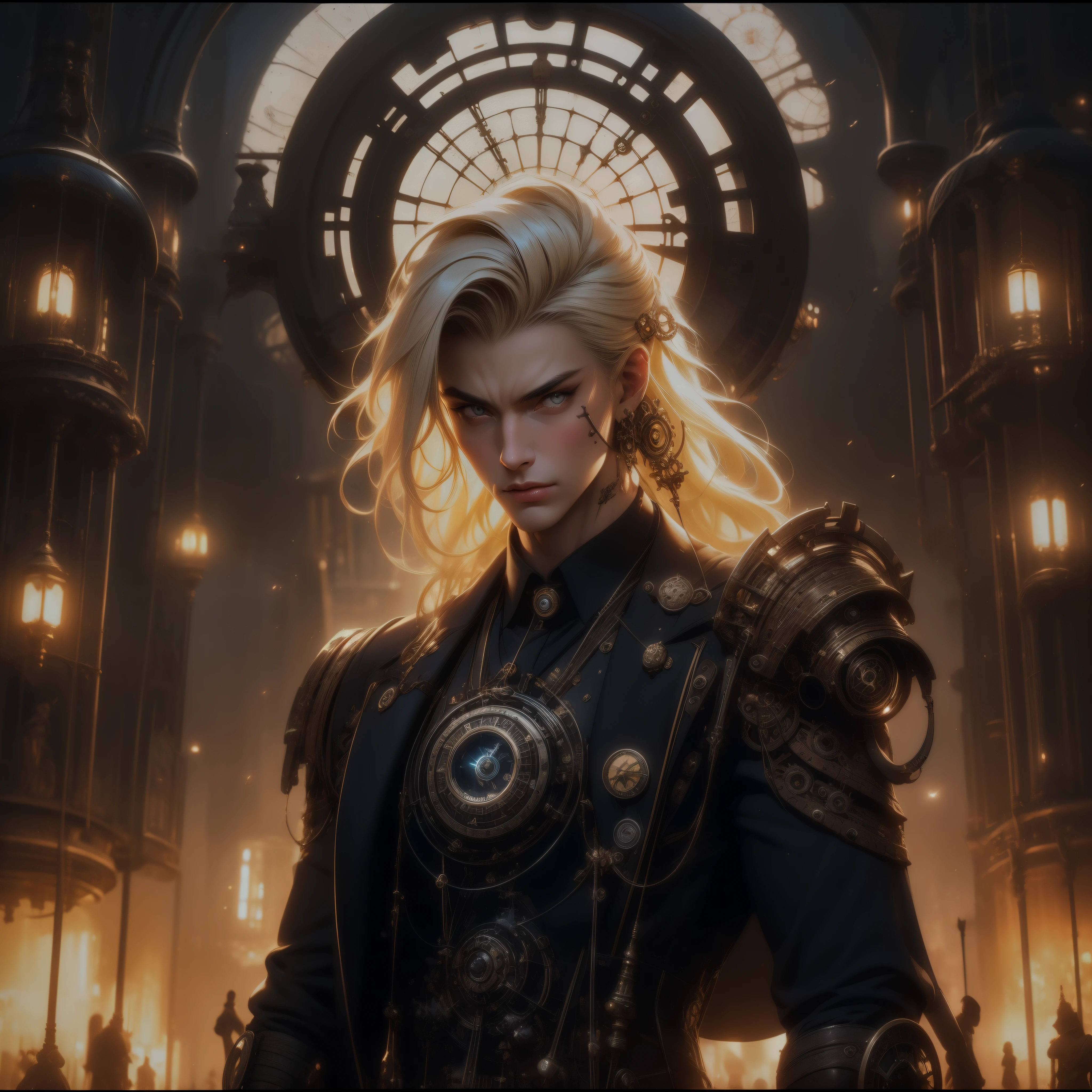 film grain, high quality, warm colors, colorful, OverallDetail, volumetric lighting, backlight, rim light, 1 girl, adult (elven:0.7) woman, yellow eyes, blonde razor cut hair, Style-GravityMagic, solo, (full body:0.6), looking at viewer, detailed background, detailed face, (steampunkai, steampunk theme:1.1) (time sorcerer:1.1), timeless, endless space, circular patterns, clock, clockwork, clock gears, sands of time, energy, dynamic pose, light aura, cosmic space in background, epic atmosphere