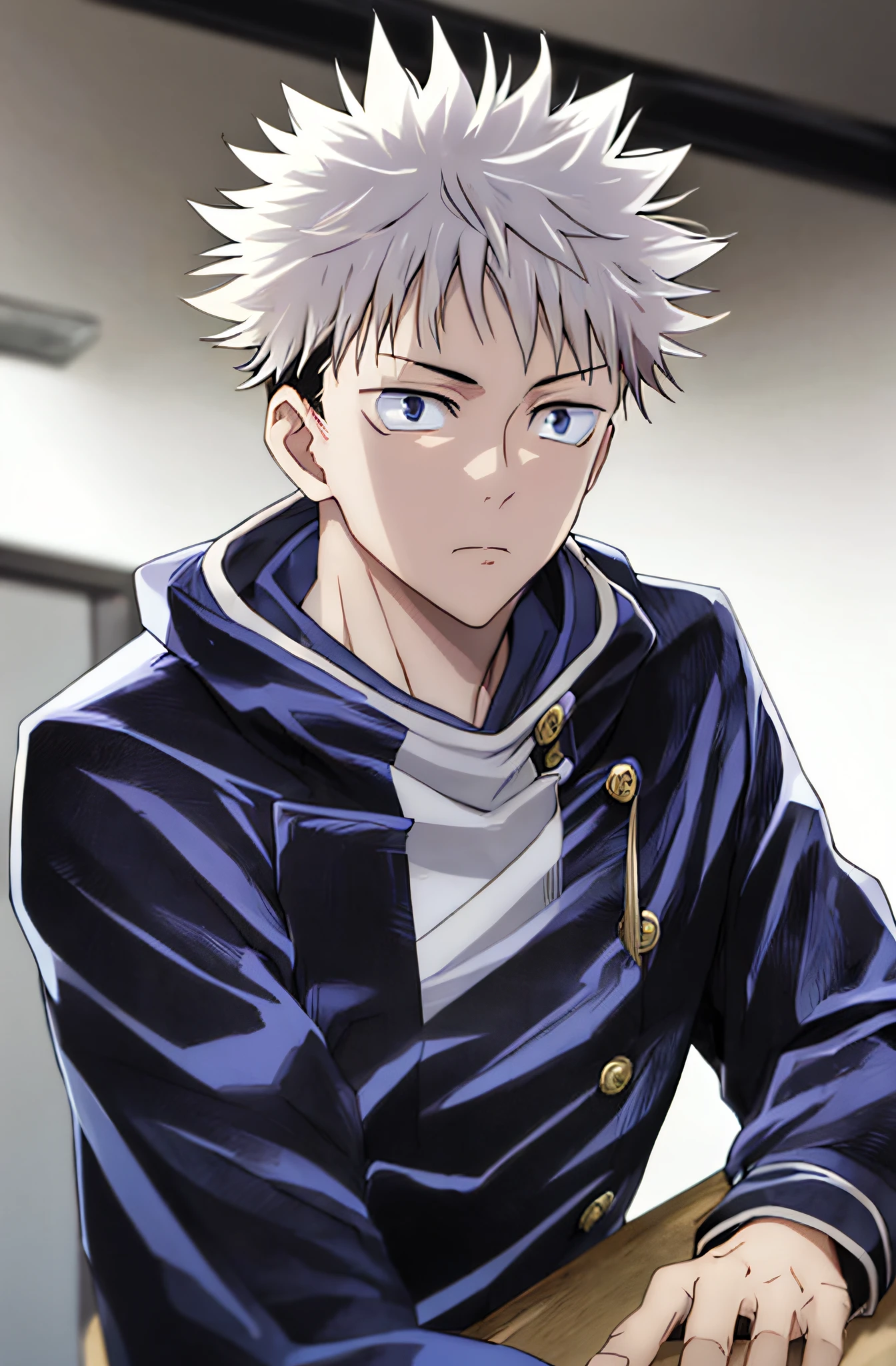 1boy,gojo satoru,white hair, blurry, blurry background, jujutsu kaisen,looking away, male focus,blue eyes, short hair, spiked hair,black jacket,looking at viewer