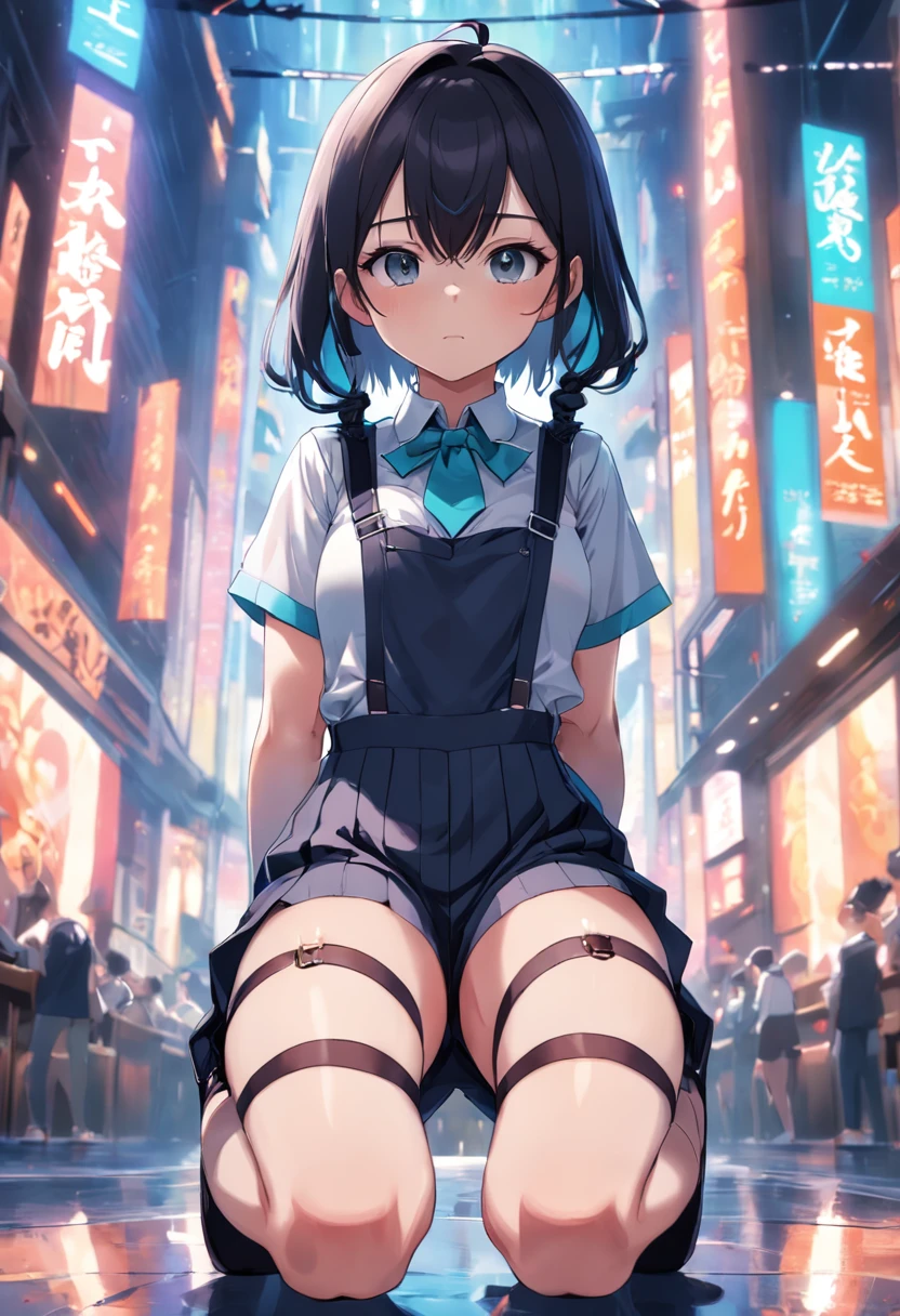 Suspenders,adolable,style of anime,half squatting,Facing you