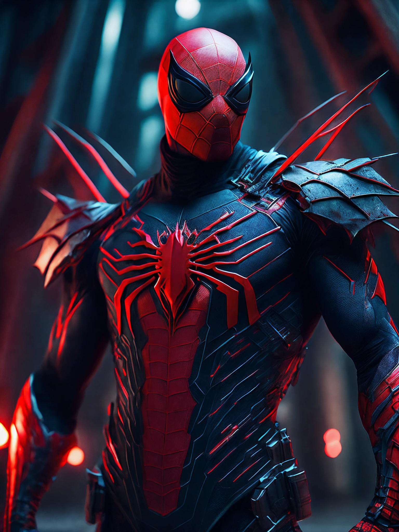 мрачный портрет Killer Spider-Man (The whole suit is covered in blood, torn suit pieces) da Marvel, with intricate and angular cybernetic implants inside a brutalist building, Gothic brutalist cathedral, Cyberpunk, Foto premiada, Bokeh, neon lights, Membro 4K Cyber ,roupa e verde
