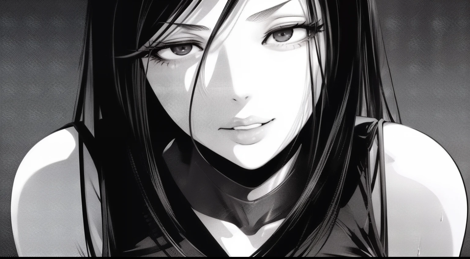 Onlygirl,1girl,gown,solo_female,((masterpiece,best quality, detailed)), , kurihara mari \(prison school\), Black gown,detailed lips,soft lips,UHD,facing front,smirk,head rest ,black gown,evil smie,closed mouth,fully clothed,potrait,1 girl,perfecteyes,mature_female,closed_mouth,art by Akira Hiramoto,Akira Hiramoto artstyle,long black_hair,black gown,sadistic expressions,based on prison school manga,based on Akira Hiramoto artstyle,big lips,detailed lips,black hair,head rest