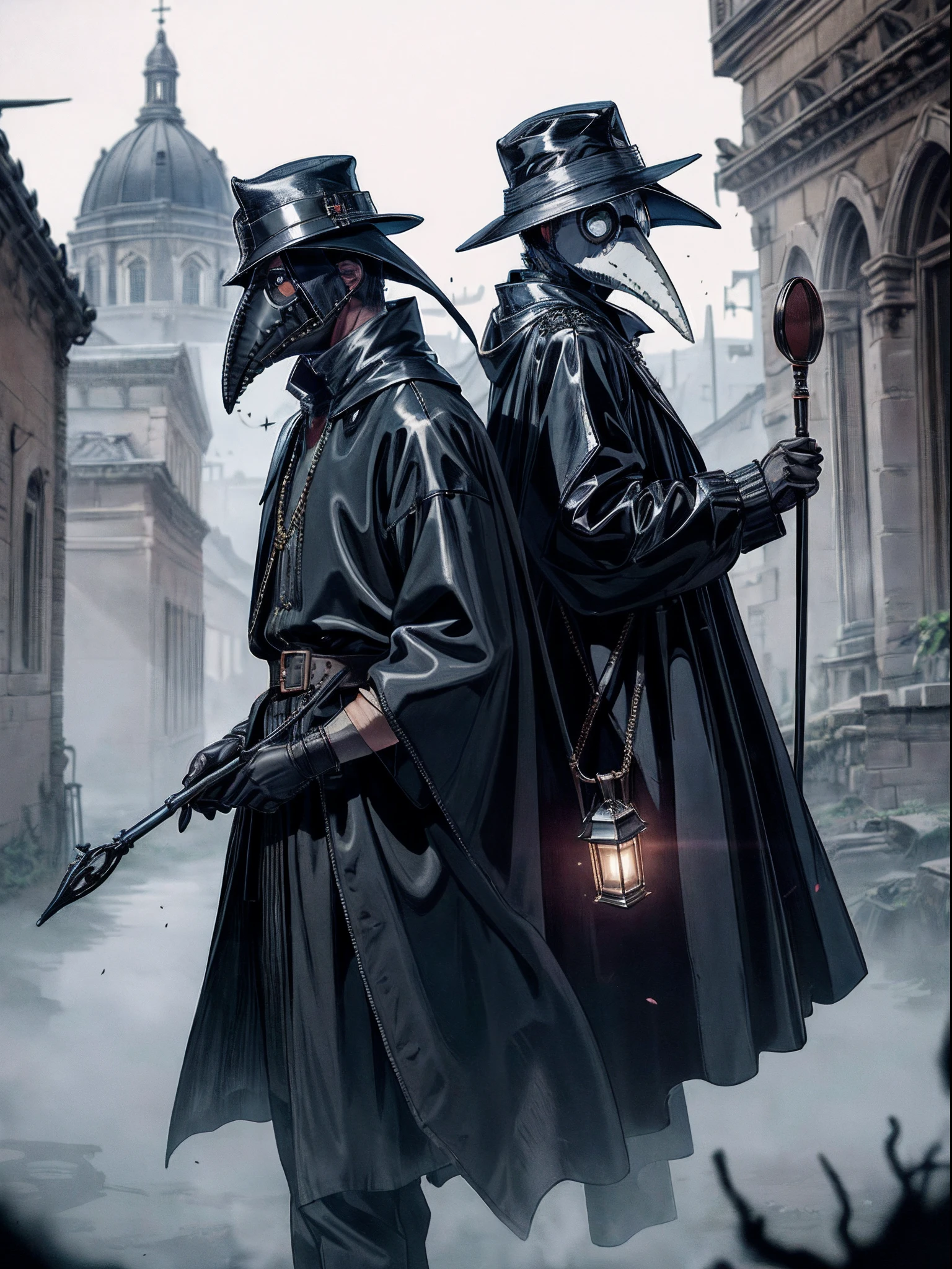 Beautiful, (masutepiece:1.2), (Best Quality:1.2), Realistic, Perfect eyes, Perfect face, Perfect Lighting, (1boy:1.2), plague doctor, Mask, Plague Doctor Mask, Faceless, With a cane, Evil atmosphere, skull belt,silk hat, chain, Black veil, trench coat, beaked mask, volume illumination:1.1, darkness, (detail: 1.2), cana, Floating particles, (depth of fields), High quality, Fujifilm 85mm, Ruins, landscape, highly detailed back ground, Nightmare, 8K, Convoluted, Grip, Mysterious,Black fog, Leather handbags,dark