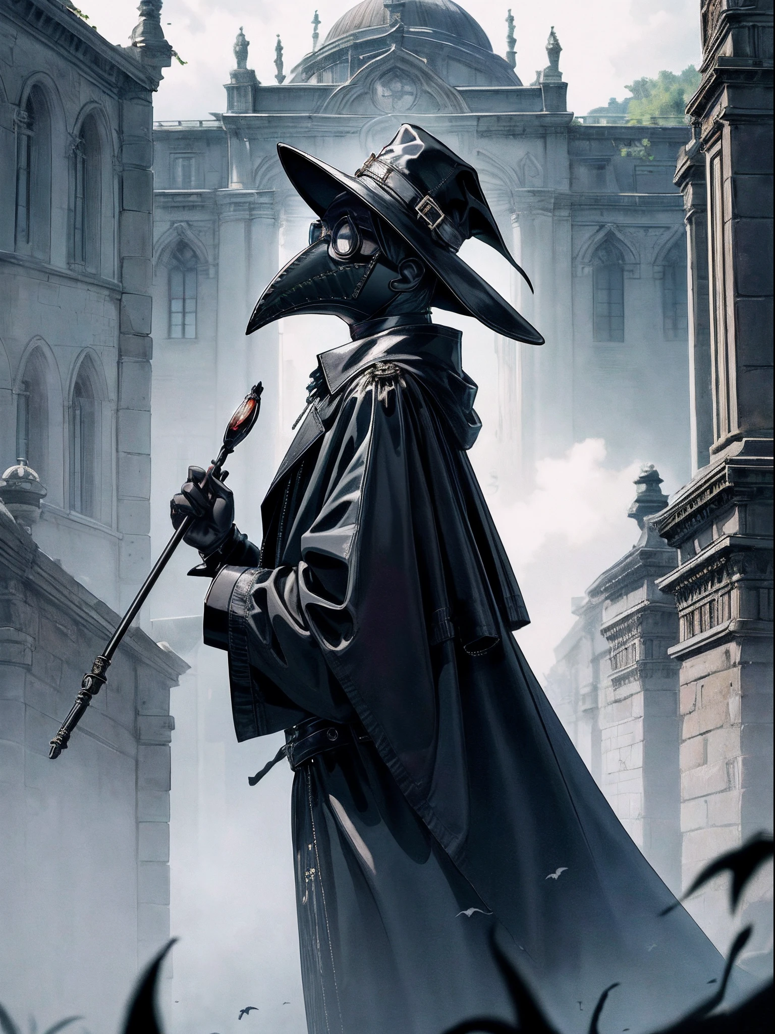 Beautiful, (masutepiece:1.2), (Best Quality:1.2), Realistic, Perfect eyes, Perfect face, Perfect Lighting, (1boy:1.2), plague doctor, Mask, Plague Doctor Mask, Faceless, With a cane, Evil atmosphere, skull belt,silk hat, chain, Black veil, trench coat, beaked mask, volume illumination:1.1, darkness, (detail: 1.2), cana, Floating particles, (depth of fields), High quality, Fujifilm 85mm, Ruins, landscape, highly detailed back ground, Nightmare, 8K, Convoluted, Grip, Mysterious,Black fog, Leather handbags,dark