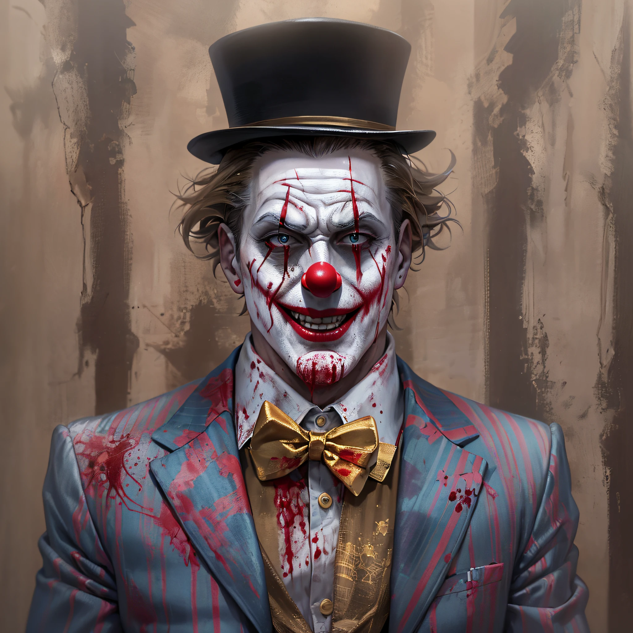 Crazy Clown,Clown makeup,Swinging a metal bat,Blood Rain,Return blood,Bloody,Blood pools,Always high laughter,Full swing,a man in his 40s,Wearing an expensive suit,Masterpiece,high-detail,perfect-composition,face perfect,perfect bodies,the golden ratio,8K