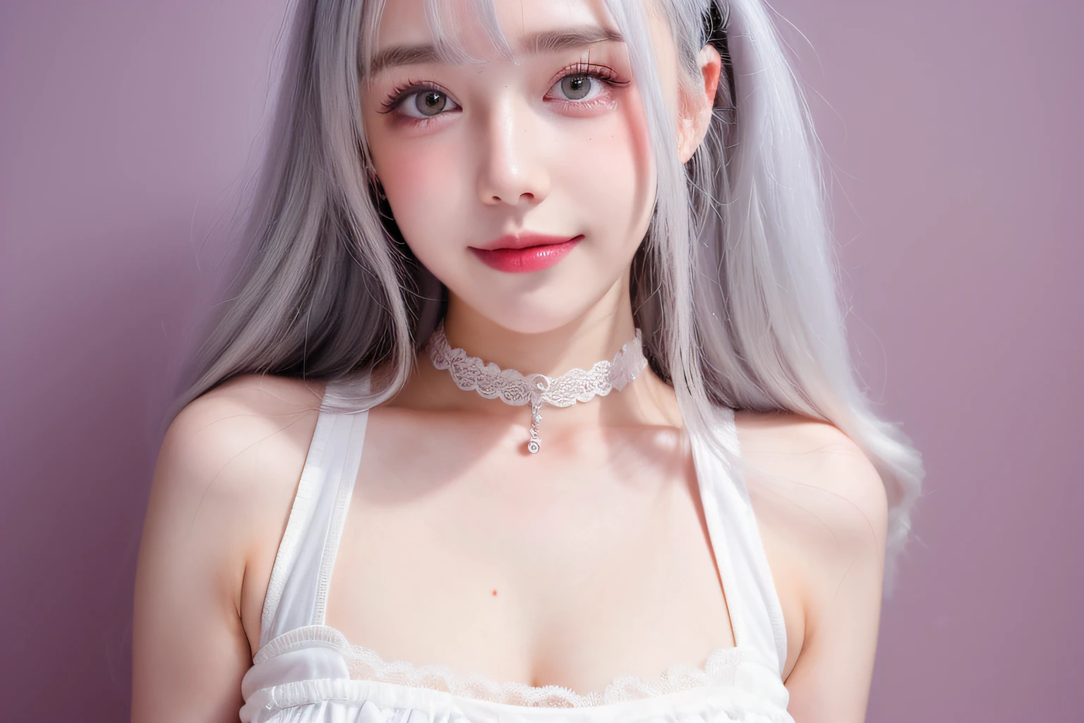 1girll, Heart-shaped pupils, finger nails, White hair, Purple eyes, (Blush:1.1), choker necklace, Upper body, Trembling, Sweat, drops of sweat, Heart, (Medium breasts:0.6), Love, Heart, Crop top, cheerfulness, Smile,  Lace, Bokeh, (freckle:0.8), Natural skin texture, Portrait, (Red_Background:1.3),