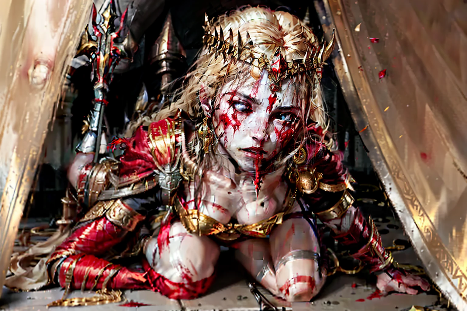 The tall beautiful goddess of war in gold armor and red robes was stabbed in the abdomen by the enemy's spear，She braced herself on the ground with her hands，There was blood hanging from the corners of his mouth，and a pained expression on its face