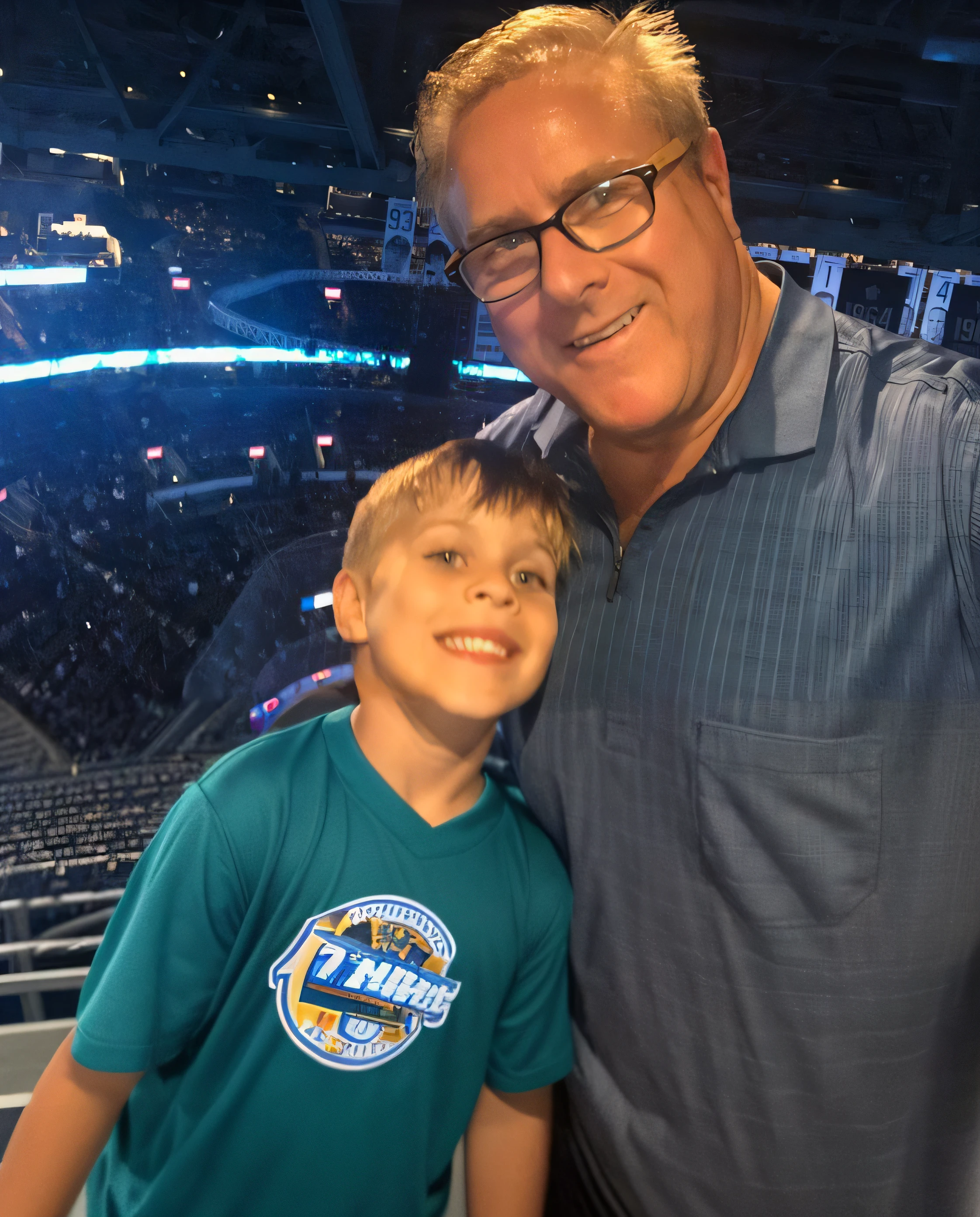 arafed man and a boy are posing for a picture in a stadium, vacation photo, profile pic, with a kid, profile picture, having a great time, instagram picture, steve buschemi, smooth in _ the background, instagram photo, by Josh Bayer, profile image, shot on alexa, by Dan Frazier, kid, instagram post