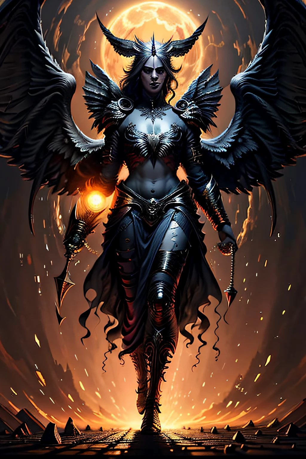 ((masterpiece)), ((best quality)), (ultra-detailed), ((extremely detailed)), 1man, scythe, shinigami known as god of death, strong, extremely robust, eyes red, eyes emitting glow intense, body emanating energy, body emanating steam, gigantic black wings on his back, extremely serious look, very detailed image, place full of lava, hot, apocalyptic, morbid. The ground covered with human bones in great numbers.