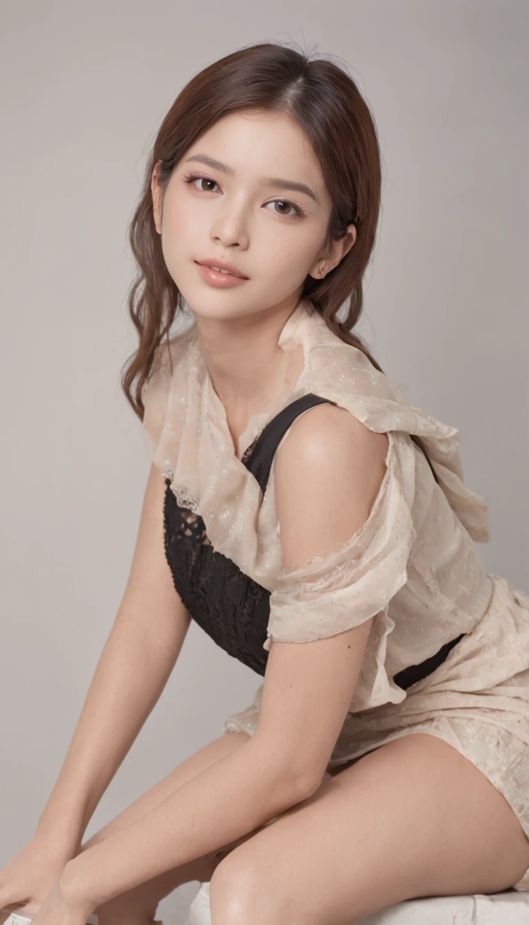 best qualtiy,tmasterpiece,超A high resolution,(Photorealsitic),(realisticlying:1.4),RAW photogr,1girll,(Full body photo,inside in room,sit a chair,legs crossed),good looking face,slim,Dignified,Small fresh,(White collar blouse,Black short skirt),ssmile,cabelos preto e longos,Beautiful Hair Accessories,Beautiful girl,Detailed scene, beautiful digital illustrations, detaileds,ultra-detailliert, cinematic quality, (Beauty and aesthetics,big breasts beautiful),Correct hand,anatomy correct, ((From below))、bewitching、constructionyardai、helmets、Workwear、