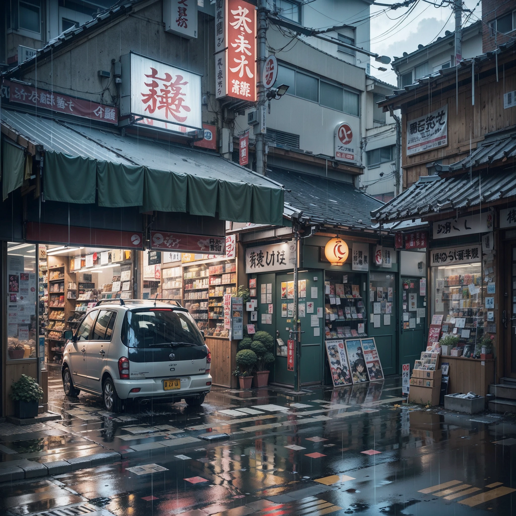 parked car in the middle modern, urban, empty Japanese street. Anime background, anime, anime style. big Japanese shop signs, retro Japanese shop banners. (no one :1), no one in sight. gloomy weather, rain, heavy rainfall, heavy rain, puddles. best quality. no faces