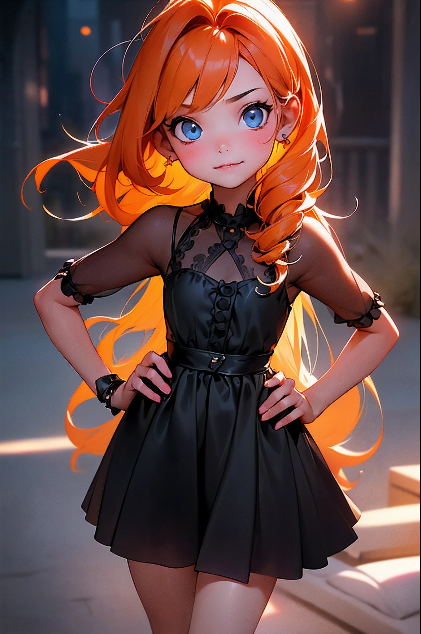 anime style, model shoot style, (upper body) photo of a ((little girl:1.6)), (1girl, young girl, small body), (orange hair, long hair:1.3), (black dress),
((pretty  face: 1.7, perfect face:1.5)), (best quality:1.5, hyperrealistic:1.5, photorealistic:1.4, Madly detailed CG unity 8k wallpaper:1.5,
masterpiece:1.3, Madly detailed photo:1.2), (hyper-realistic lifelike texture:1.4, realistic eyes:1.2), (octane render, unreal engine 5),
(ecstasy of light and shadow:1.5, deep shadow:1.5), (sony a7, 50 mm, film grain:1.5, 4K UHD HDR),
(photo by lee jeffries, Greg Rutkowski and Magali Villanueva)