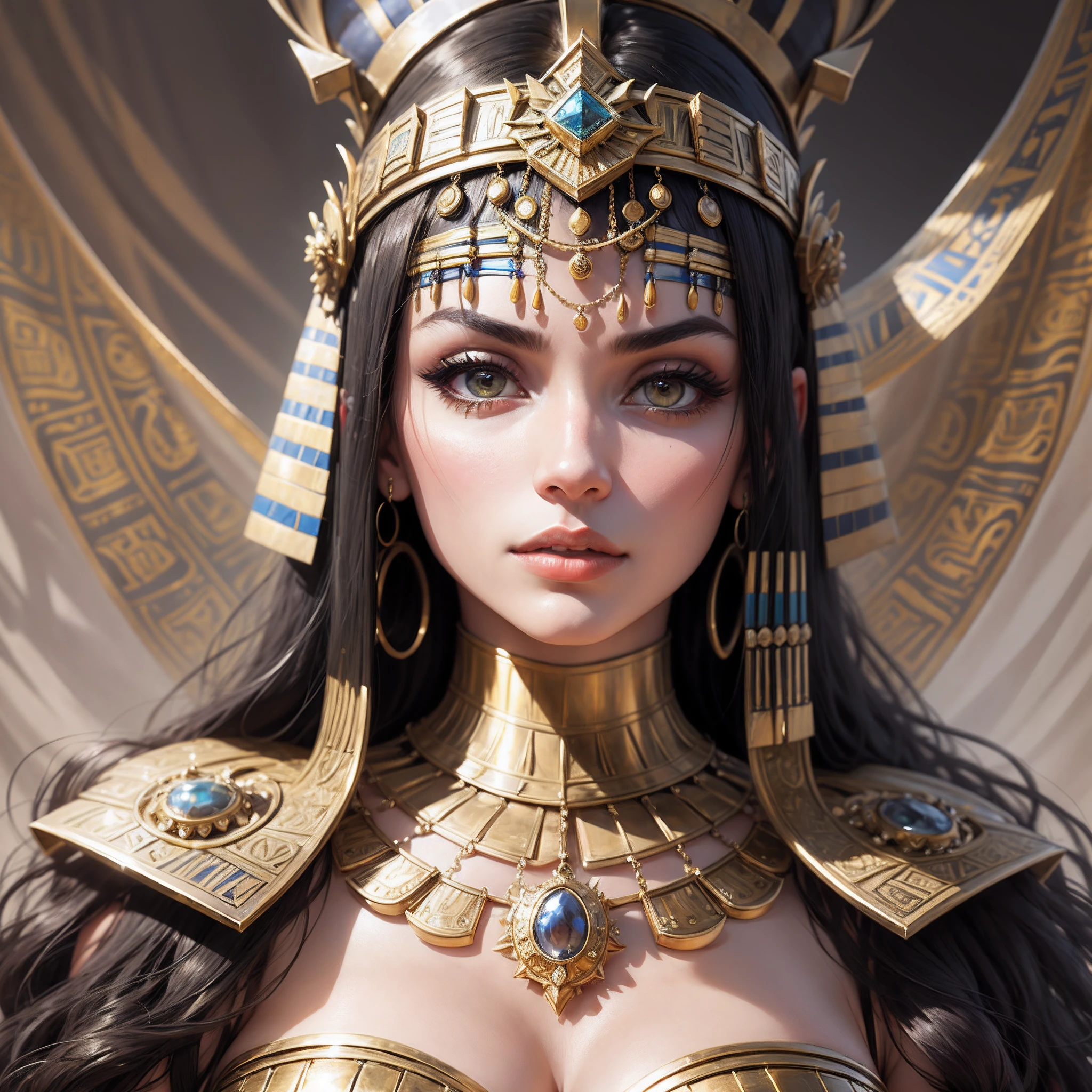 Anubis, ((Best quality)), ((masterpiece)), (detailed: 1.4), crysis nanosuit, square chin, Guweiz-style art, Guweiz, beautiful character painting, Guweiz in Artstation Pixiv, Guweiz in Pixiv ArtStation, beautiful digital art, Wlop Rossdraws, masterpiece Guweiz, (Absurd), ((head adornment that falls in two straps over the shoulders and has the part hanging over the nape of the neck tied in braid, called nemes)), Thin woman, Egyptian airplane pilot ready for war, perfect body, dark skin, Tutankhamun mask, (((Hemhem crown on head, Style of a triple Atef)))), ((((Khat))), (((defined muscles, half thick bare thighs, closed mouth, only in panties, muscular body covered by technological clothing, Neon Genesis Evangelion style, cyberpunk, ((Sphinx)), (Cleopatra), head covered by an Egyptian ornament in the shape of a golden eagle wing, ((perfect medium breasts)), (white eyes without pupils), ((black, silver and red clothing)), (((long black straight hair with heavy bangs on the forehead)))), (Egyptian ornaments), ((hieroglyphics on the arms)), short underwear, garter belt, by mucha, niji --V5, close to the real, psychopath, crazy face, sexy pose, background with a sphinx, 2 pieces clothing, pastel, centered, scale to fit the dimensions, HDR (High Dynamic Range),Ray Tracing,NVIDIA RTX,Super-Resolution,Unreal 5,Subsurface Dispersion, PBR Texture, Post-processing, Anisotropic filtering, Depth of field, Maximum clarity and sharpness, Multilayer textures, Albedo and specular maps, Surface shading, Accurate simulation of light-material interaction, Perfect proportions, Octane Render, Two-tone lighting, Wide aperture, Low ISO, White balance, Rule of thirds, 8K RAW